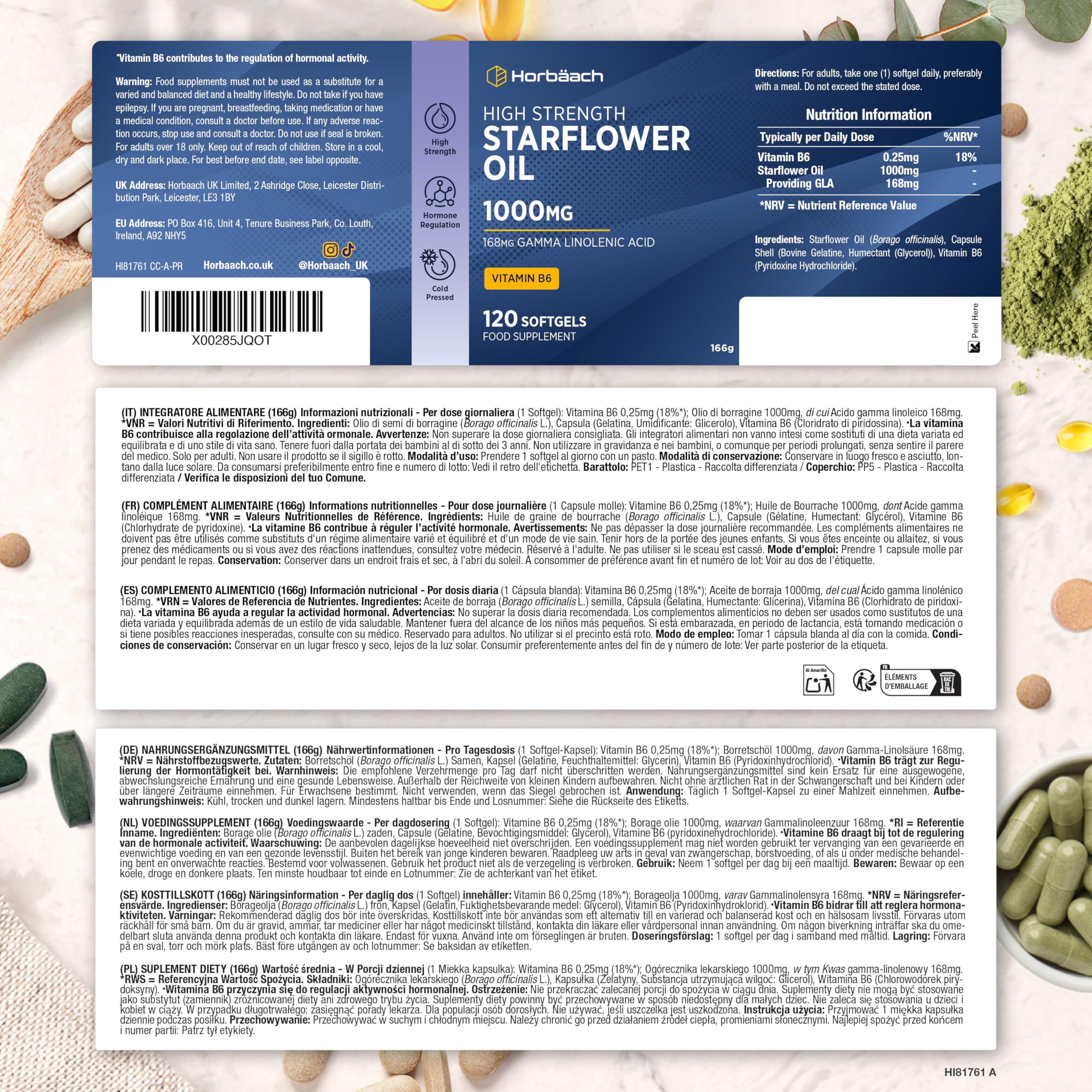 Olio di Borragine 1000mg | 120 Perle per 4 Mesi | Olio di Semi di Borragine e Vitamina B6 | 168mg di Acido Gamma Linoleico GLA per Capsula | Integratore Alimentare Starflower Oil Vitamin B6 | Horbaach