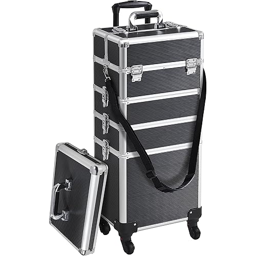 Yaheetech Professional Makeup Train Case 5 in 1 Cosmetology Case on Wheels Aluminum Beauty Travel Case Rolling Cosmetic Organizers & Storage Black