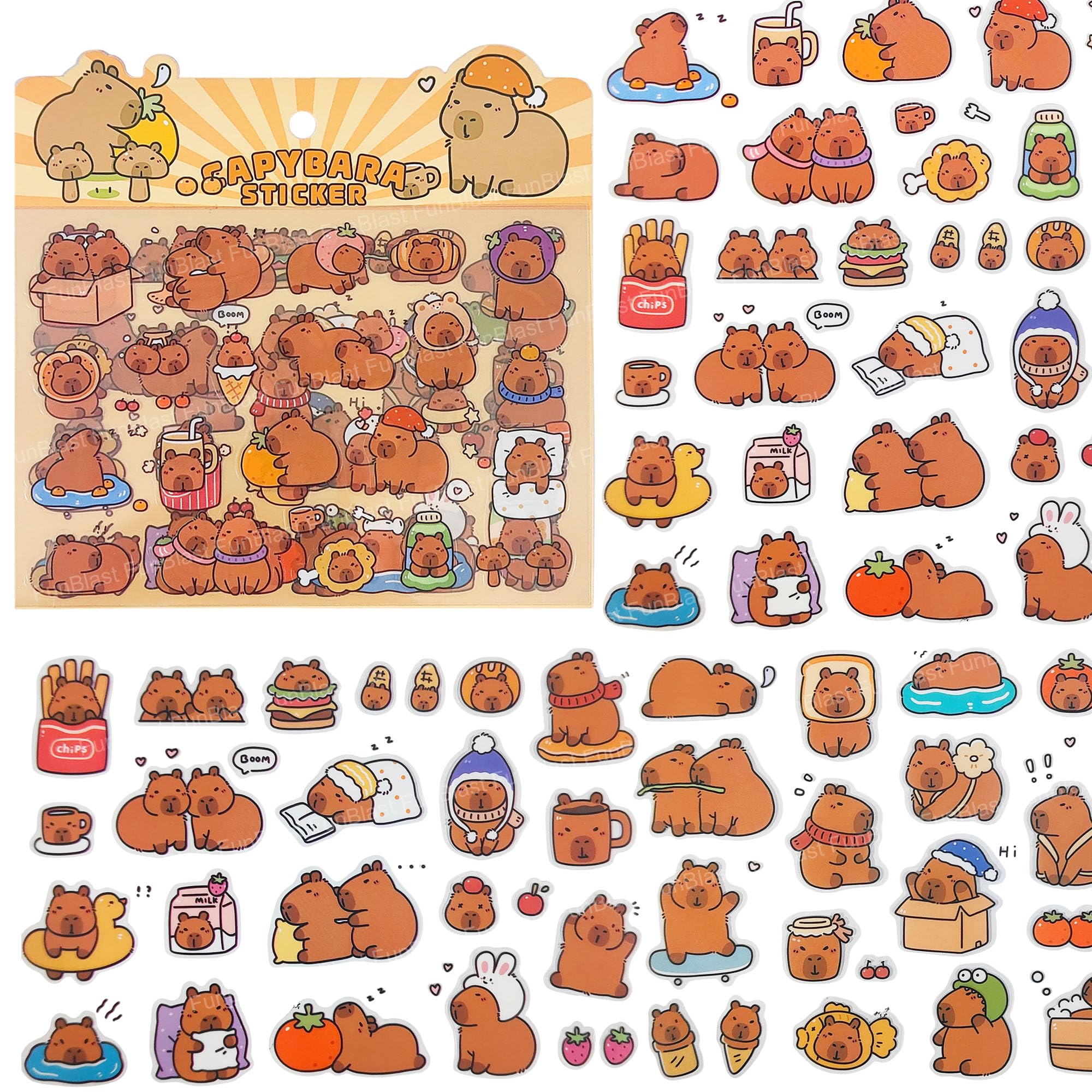 funblast capybara theme pet stickers, kawaii sticker – 4 sheets-80+ pcs aesthetic sticker, craft stickers, self-adhesive sticker’s set, japanese style (brown)