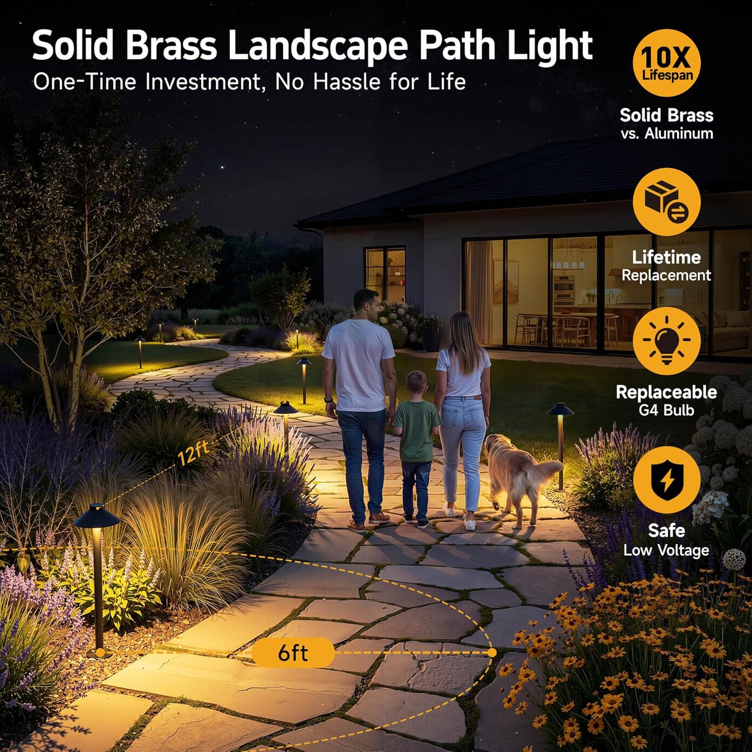 Gardenreet Low Voltage Landscape Lighting Brass - 12v LED Pathway Lights Waterproof, Hardwired Path Light Outdoor, Black for Exterior Patio Garden with 3W 2700K Warm White G4 Bulb (4 Pack)