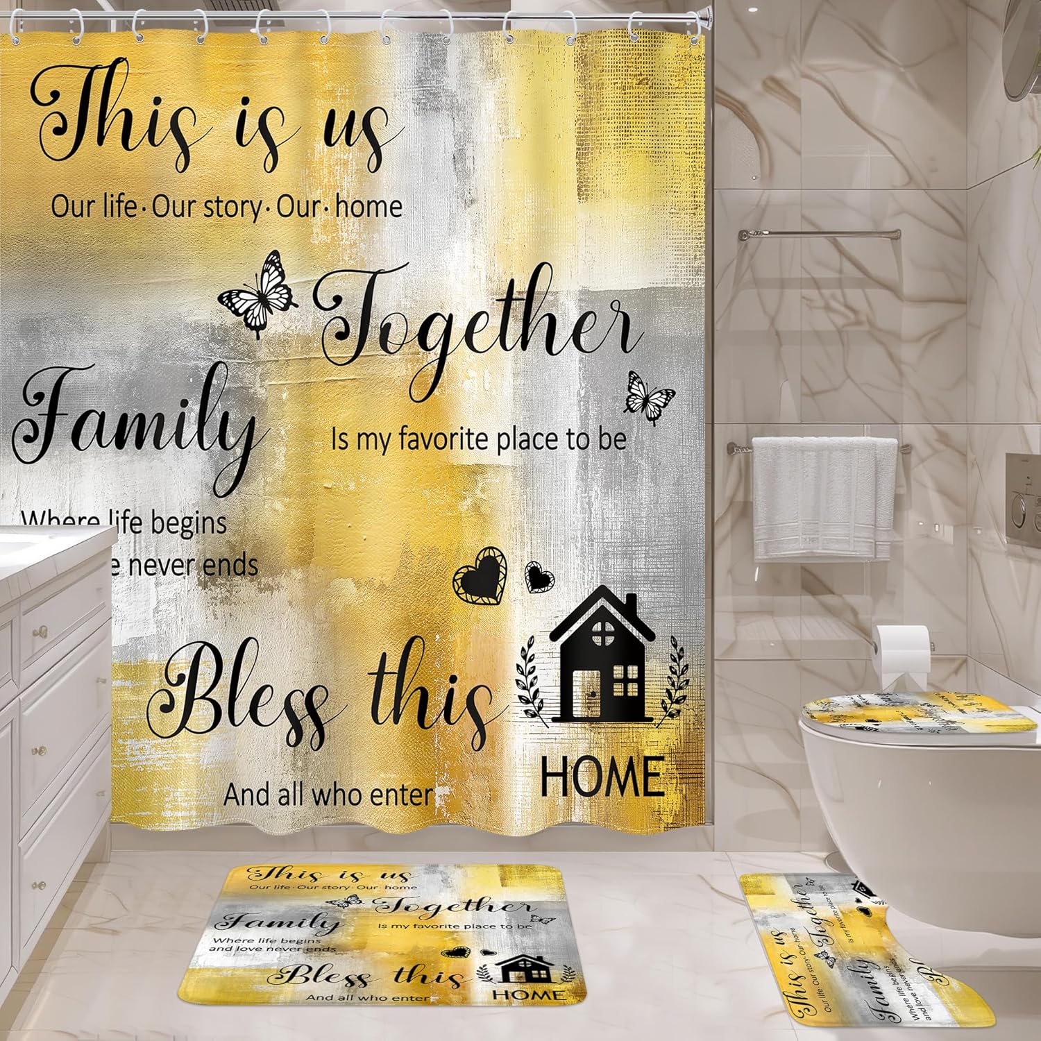 4 PCS Abstract Yellow Grey Bathroom Set with Shower Curtain and Rugs 72Wx72H Inch Modern Minimalist Non-Slip Bath Rug Toilet Lid Cover and U Shape Mat Accessories 12 Hooks Bathoom Decor