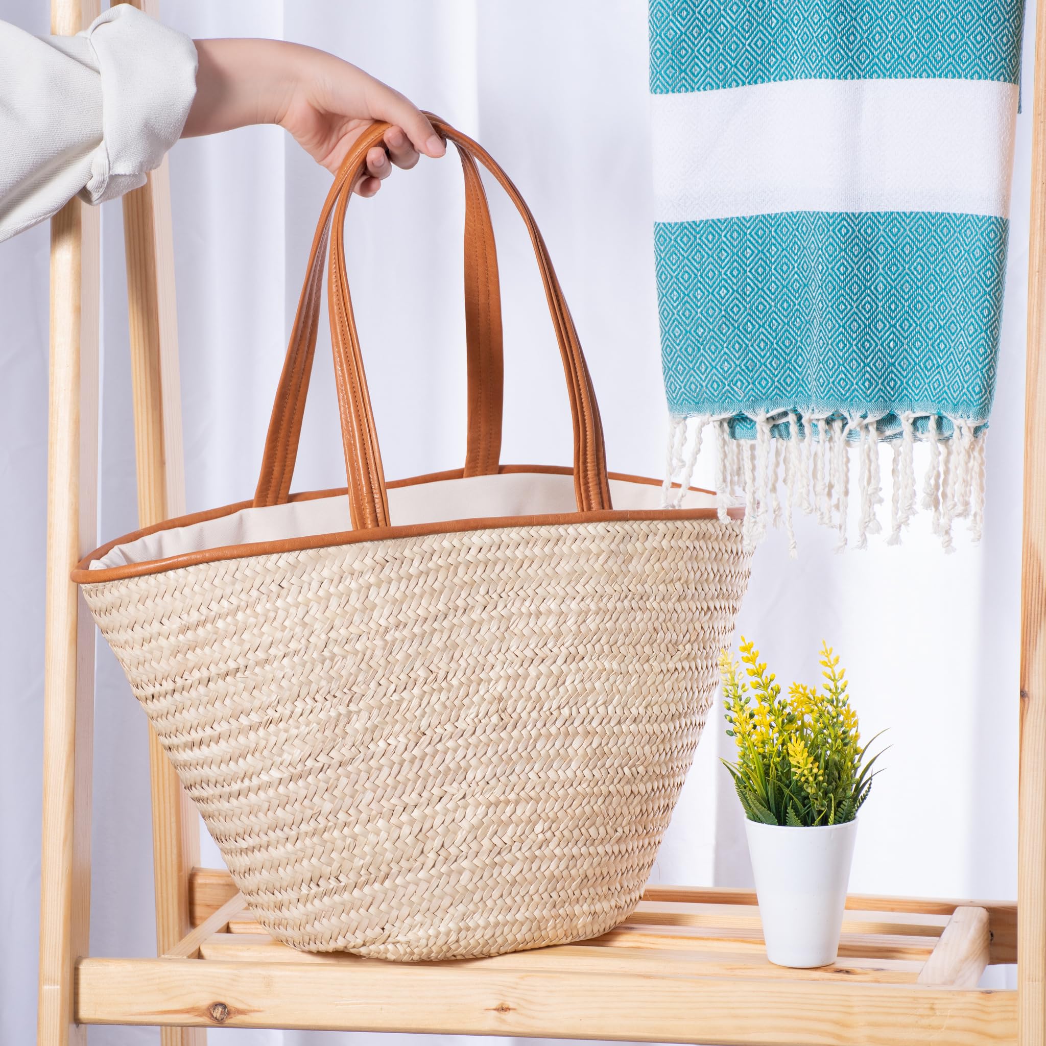 Sac de courses - En Osier Naturel - Avec Doublure et Poche - Finitions et Poignée en Cuir - Pratique, grande capacité et Multi-usage