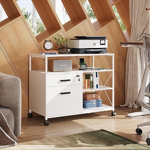 Miniatura 2 de DEVAISE Archivador con bloqueo de 2 cajones con estación de carga, soporte de impresora rodante con estante de almacenamiento abierto, archivador