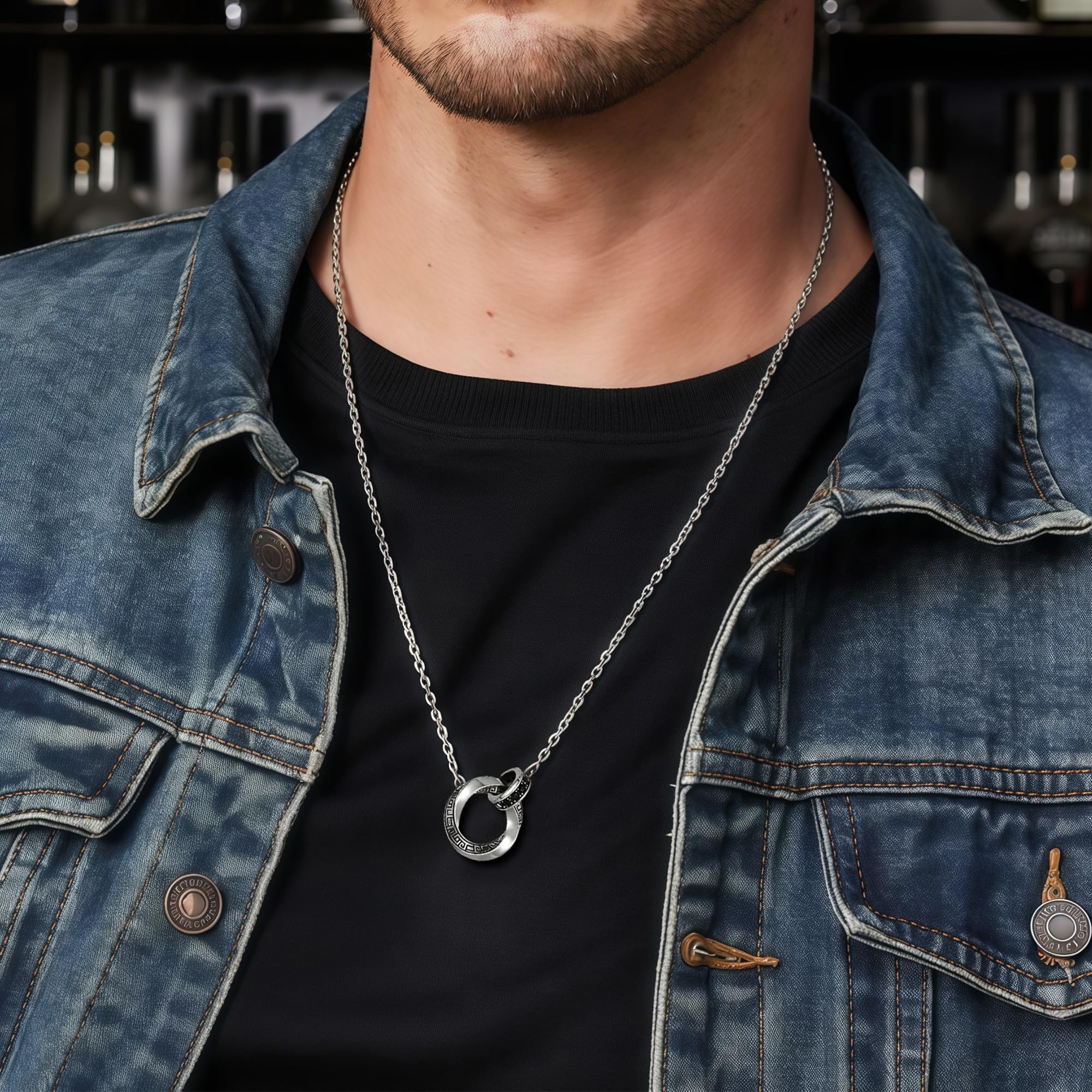 Möbius Strip Men's Necklace, Double Ring Black Onyx Pendant Necklace for Men, Silver Interlocking Circle Mens Necklaces holiday,Jewelry Gift for Him Boyfriend Husband (22+2Inchs)