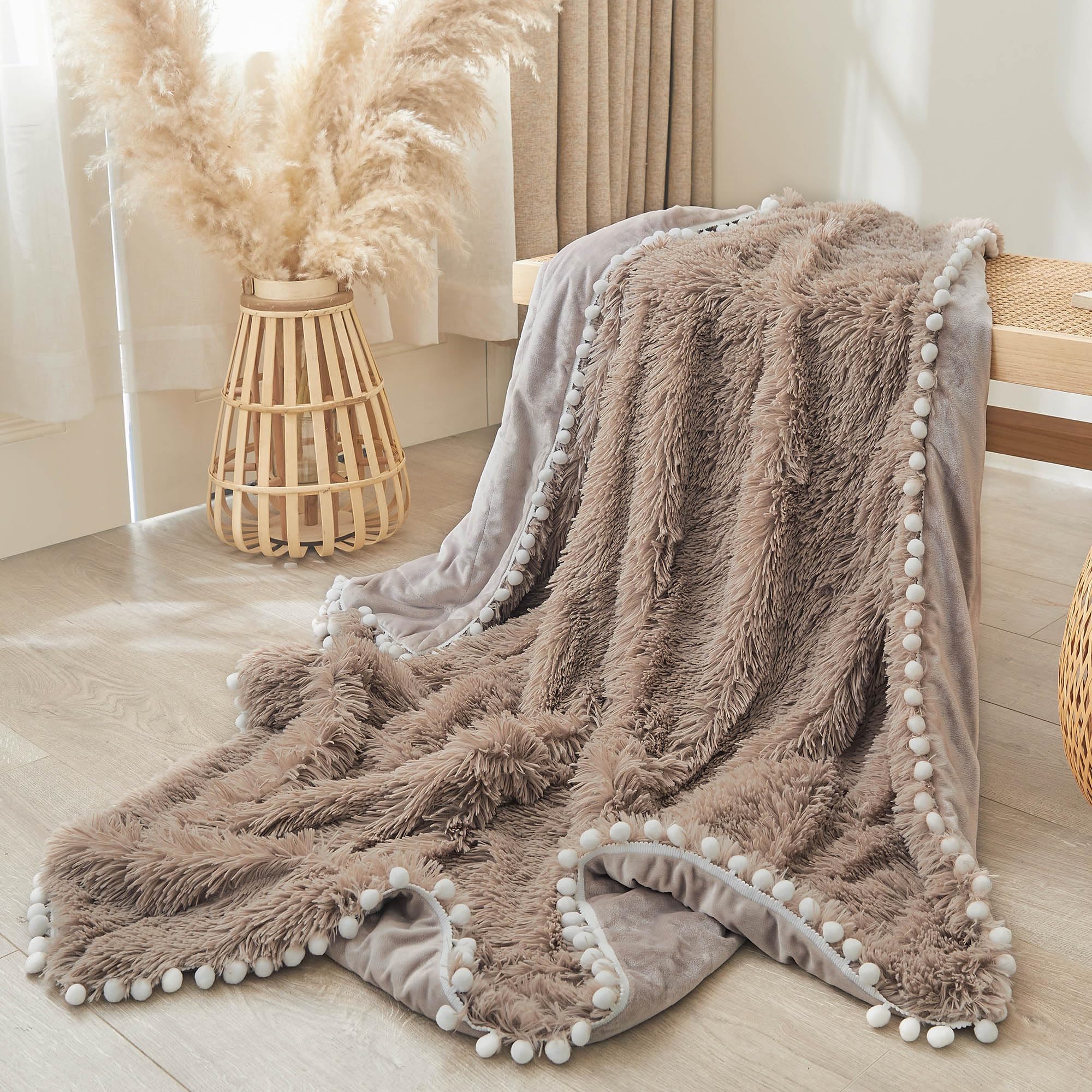 XeGe Pom Poms Fluffy Faux Fur Bed Throw Blanket, Boho Cozy Khaki Fuzzy Blanket Throw 50x60, Aesthetic Furry Velvet Throw Lap Blanket, Warm Shaggy Plush Couch Blanket for Bed Sofa Office Chair, Khaki