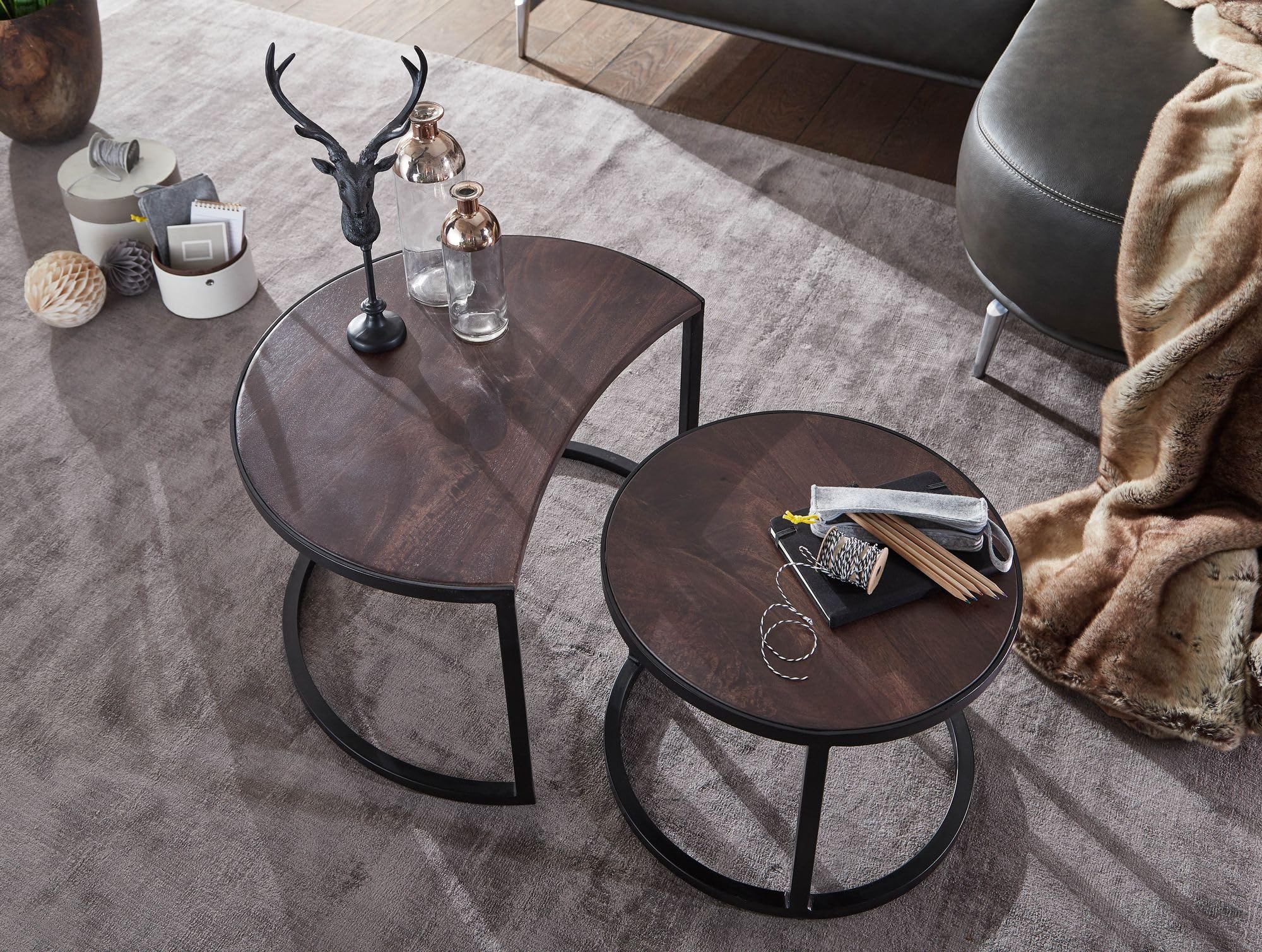 FineBuy Tavolino Set di 2 Mango Massello Rotondo Nero, Tavolini Impilabili | tavolini in stile industriale con struttura in metallo, tavolini da soggiorno in vero legno, pezzi unici fatti a mano