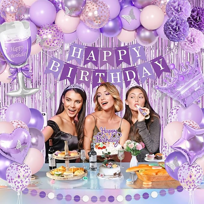 Kit Decoración Fiesta Morado Rosa Globos Cortina Banderín miniatura 4