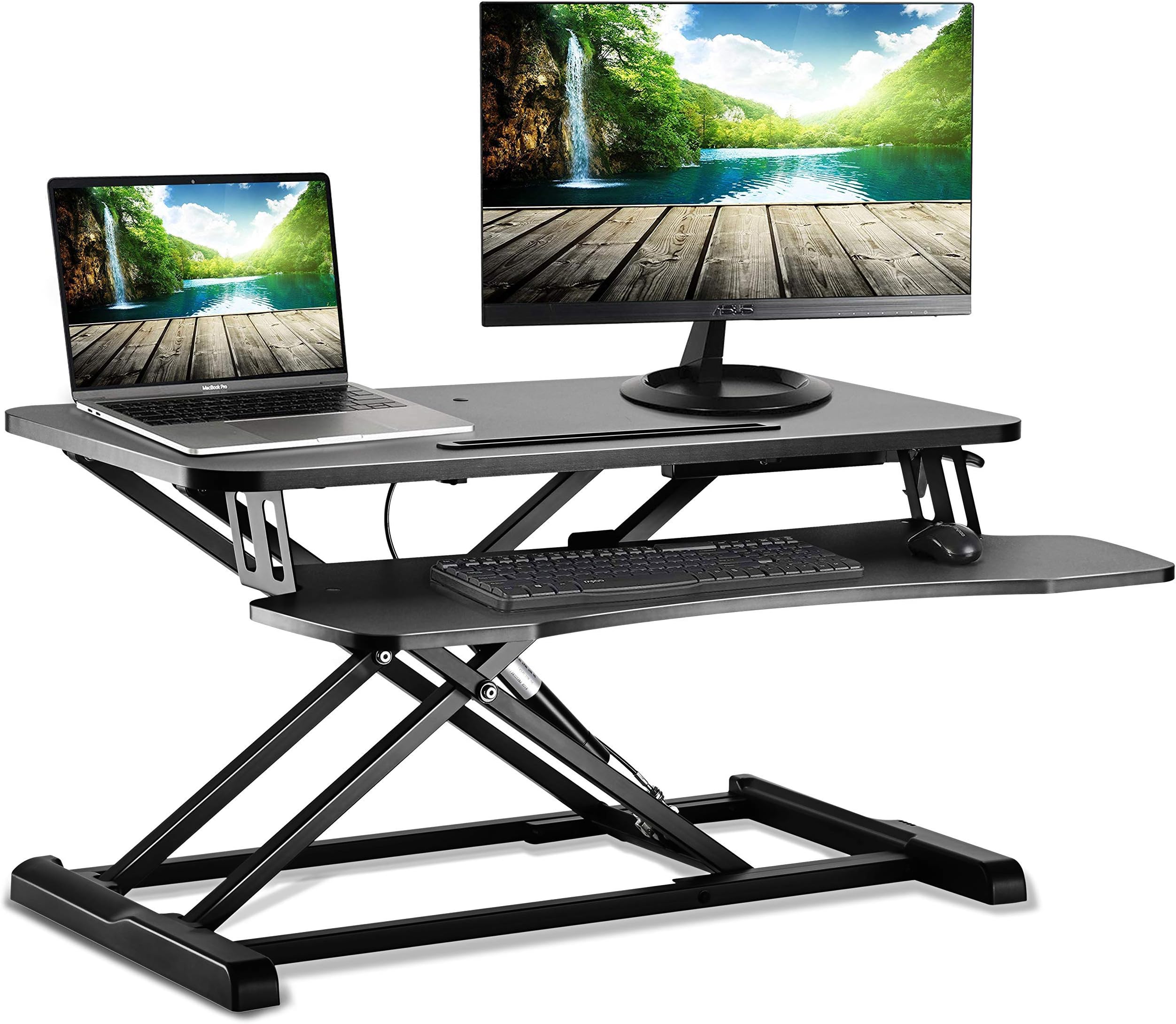 Standing Desk Converter Stand Up Desk Riser Sit Stand Desk Tabletop Workstation Fits Dual Monitors 32”, Two Tiered Height Adjustable Workstation with Removal Keyboard Tray, Black