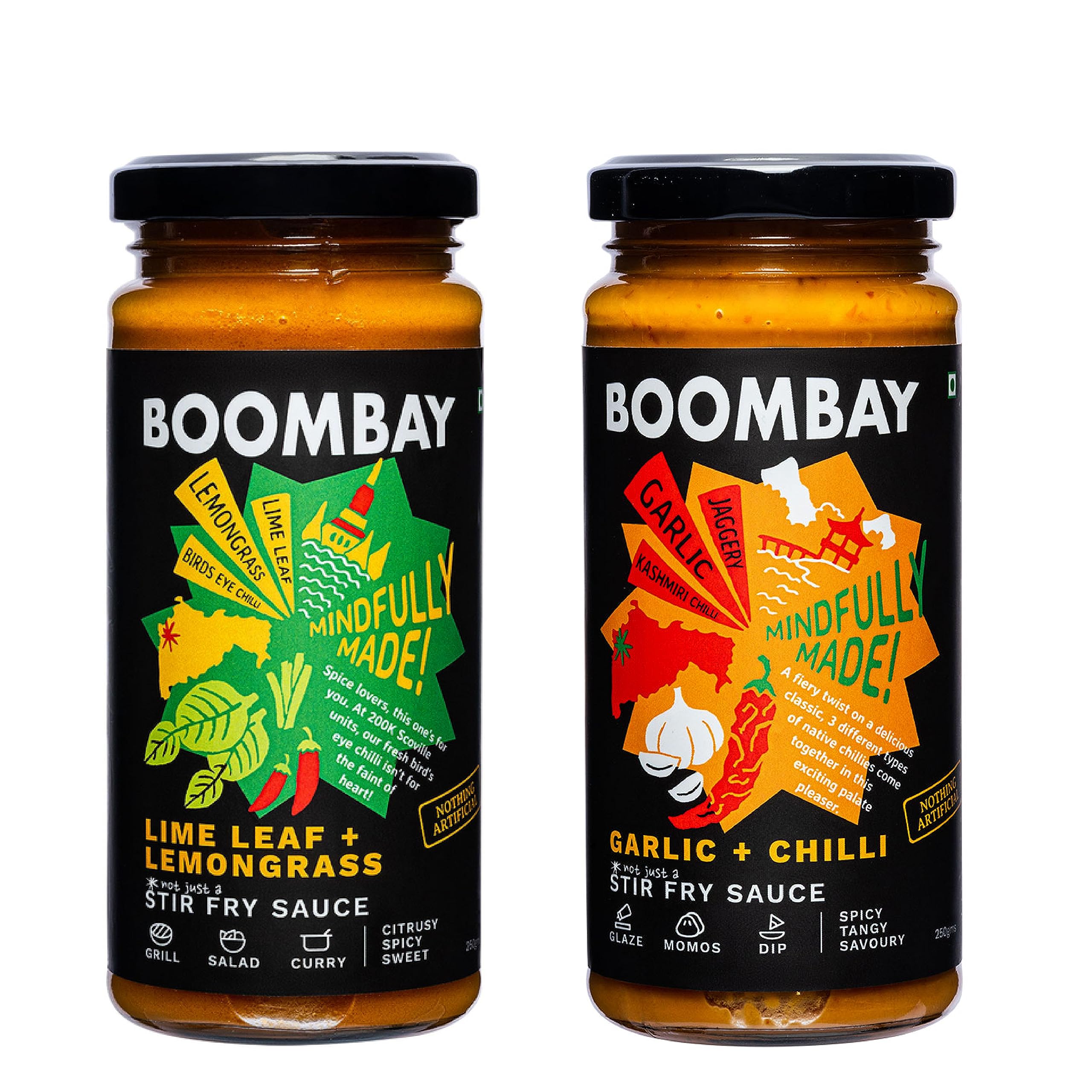 Most loved BOOMBAY Stir Fry Sauce Combo Pack | Lime Leaf + Lemongrass and Garlic + Chilli Stir Fry Sauces (250g) | Plant Based | Sustainably Farmed | No Refined Sugar | No Bad Oils | 100% Natural
