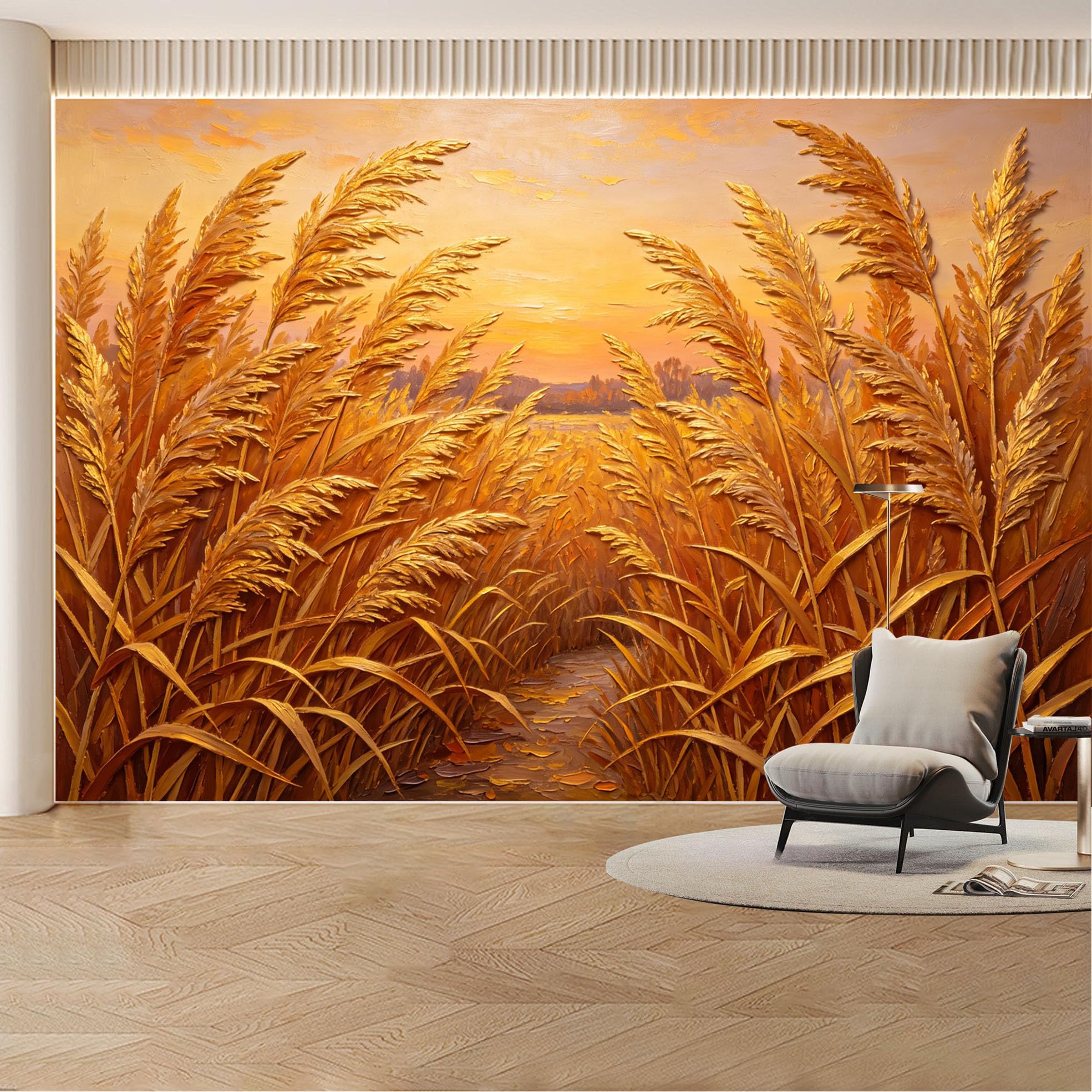 Custom Wall Mural Wallpaper Golden Wheat Field Landscape Nature 3D Effect Wall Decor Luxury Sunset for Living Room， Bedroom， Office