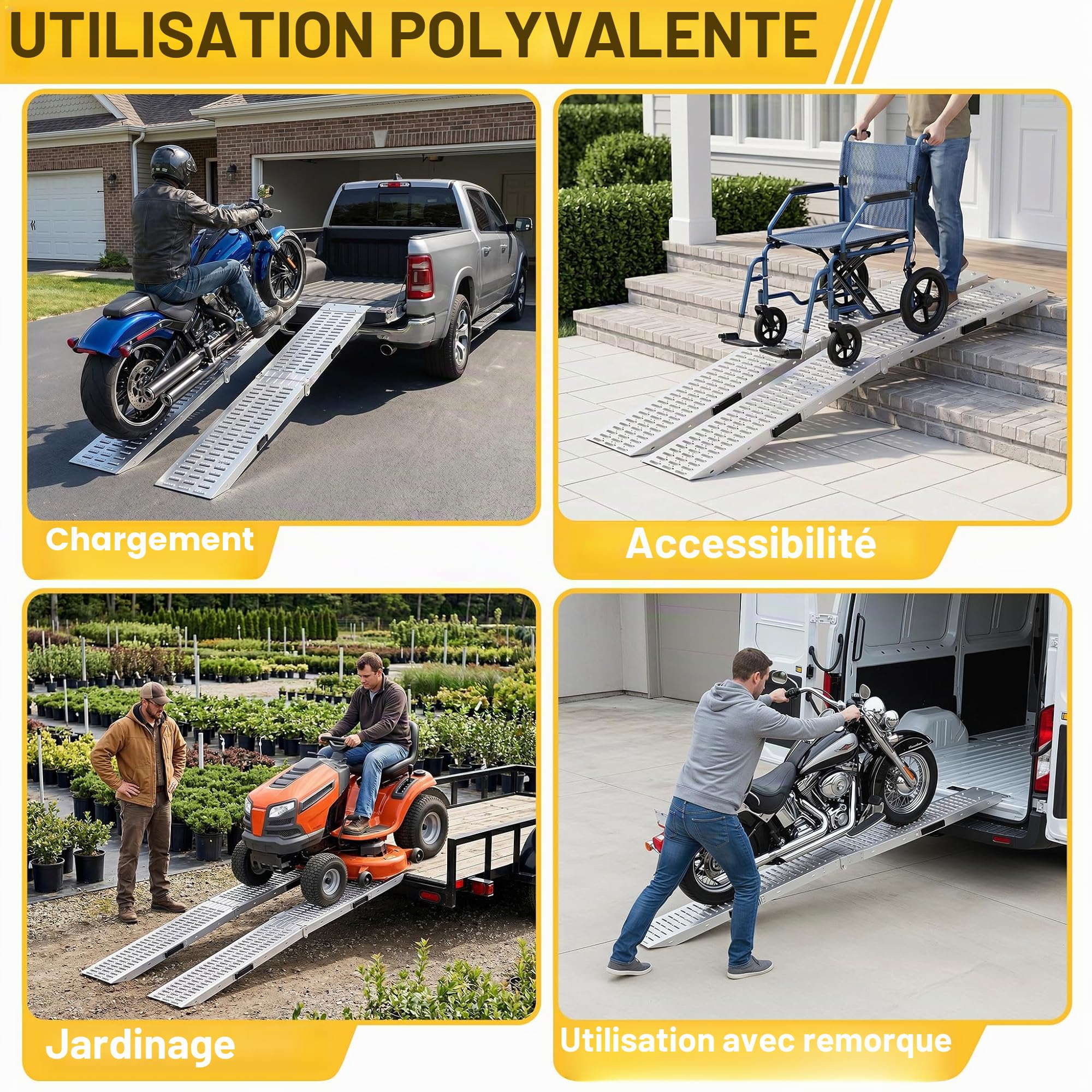 XMTECH Rampe de chargement pliable en acier galvanisé 400 kg/paire max - Rampes de chargement pour remorque, moto, caravane, voiture (2 pièces pliables-B) Argent