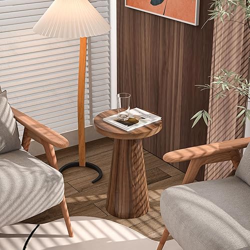 Miniatura 6 de Pequeña mesa auxiliar redonda con pedestal, mesa auxiliar de madera para sala de estar, mesa de bebidas acanalada para espacios pequeños, mesa