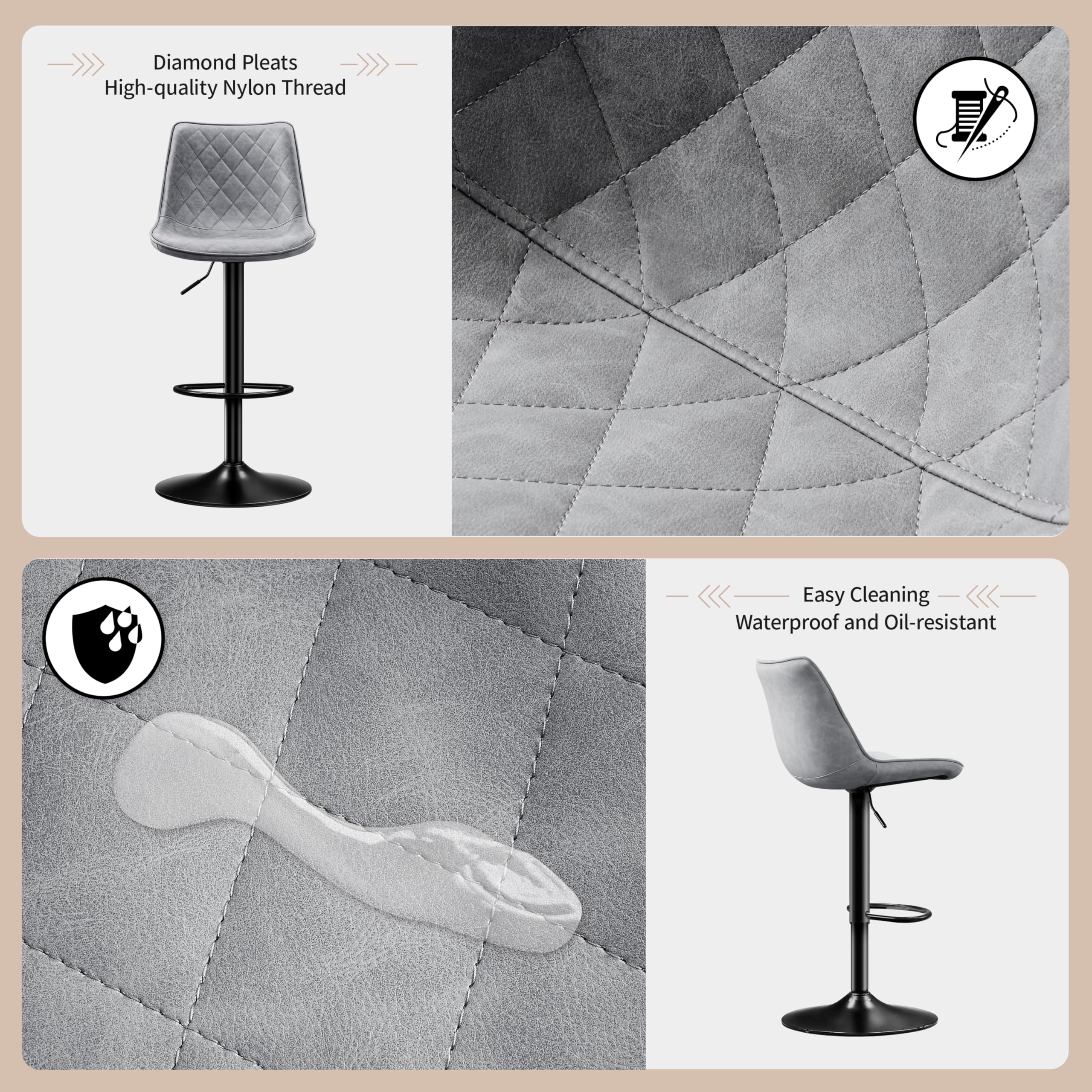 STOOLINK Lot de 2 Chaise Bar, Tabourets de Bar en Cuir Microfibre, Siège Bar avec Repose-Pieds, Tabouret Bar Réglable en Hauteur, Tabouret Comptoir Convient pour Bar, Cuisine-Gris