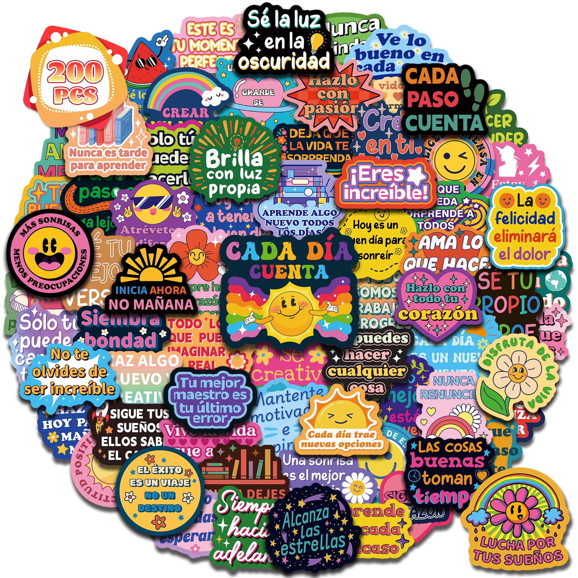 HomSeon 200PCS Spanish Motivational Stickers | Inspirational for Students Teachers Adults, Vinyl Positive Affirmation Decals, For Laptop Water Bottle Classroom Decor