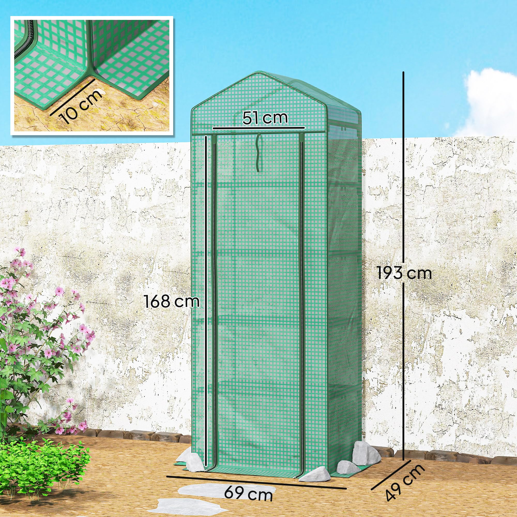 Outsunny Serra da Balcone a 5 Livelli con Porta Avvolgibile, Serra per Orto con Struttura in Acciaio e Copertura PE, per Piante Orto Verdure Fiori Frutta, 69x49x193 cm, Verde