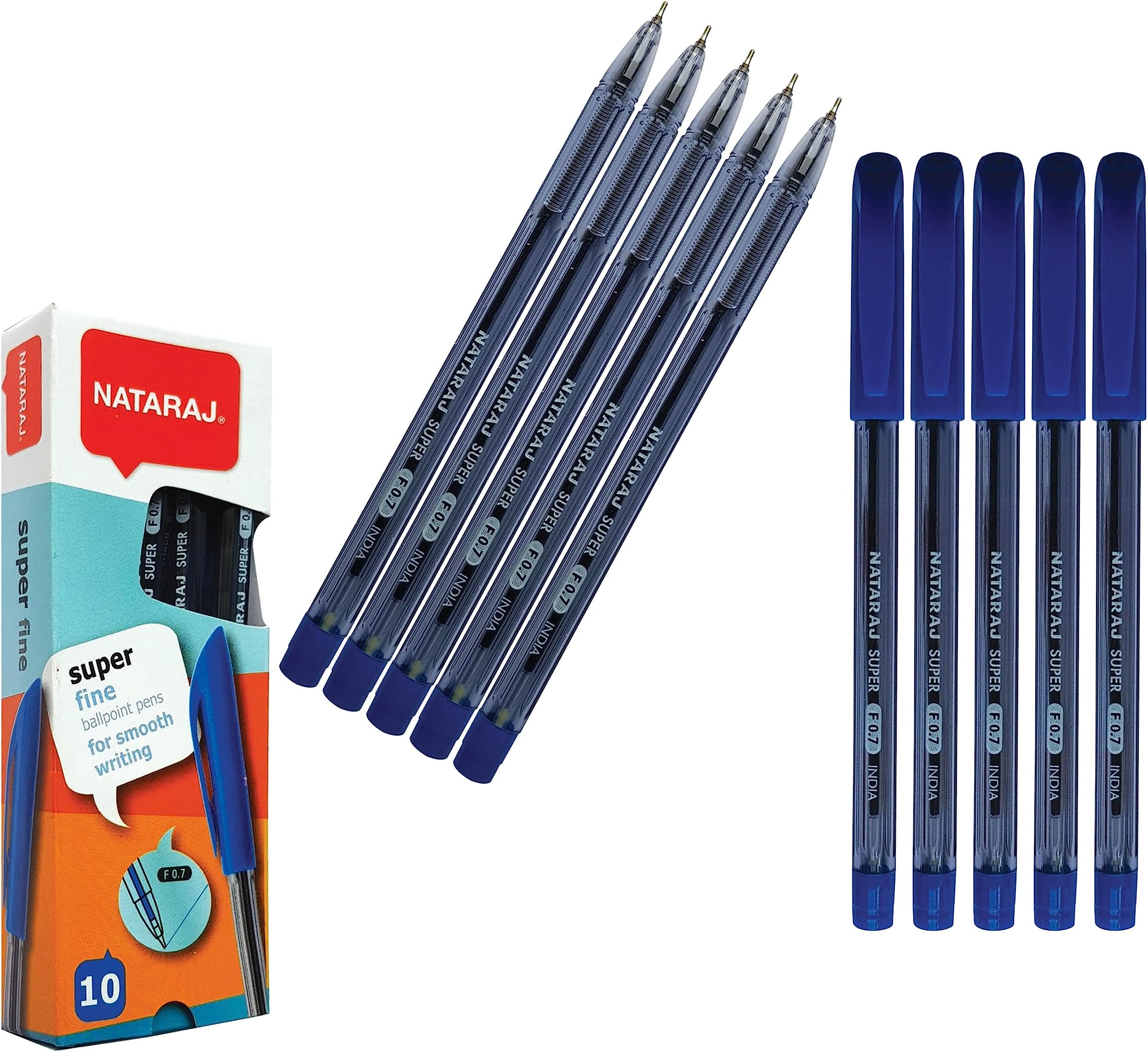 Nataraj Ballpoint Pens, Blue, Pack of 10, Point (0.7mm), Smooth Ink Flow, Nickel Tip, Triangular Grip, School Office Home Pens