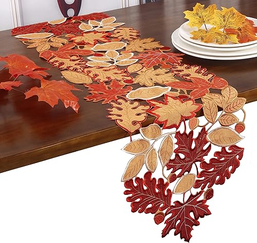 Miniatura 3 de GRANDDECO Camino de mesa de otoño de 13 x 83 pulgadas, con apliques bordados, hojas de arce bordadas para Acción de Gracias, cena familiar, fiestas