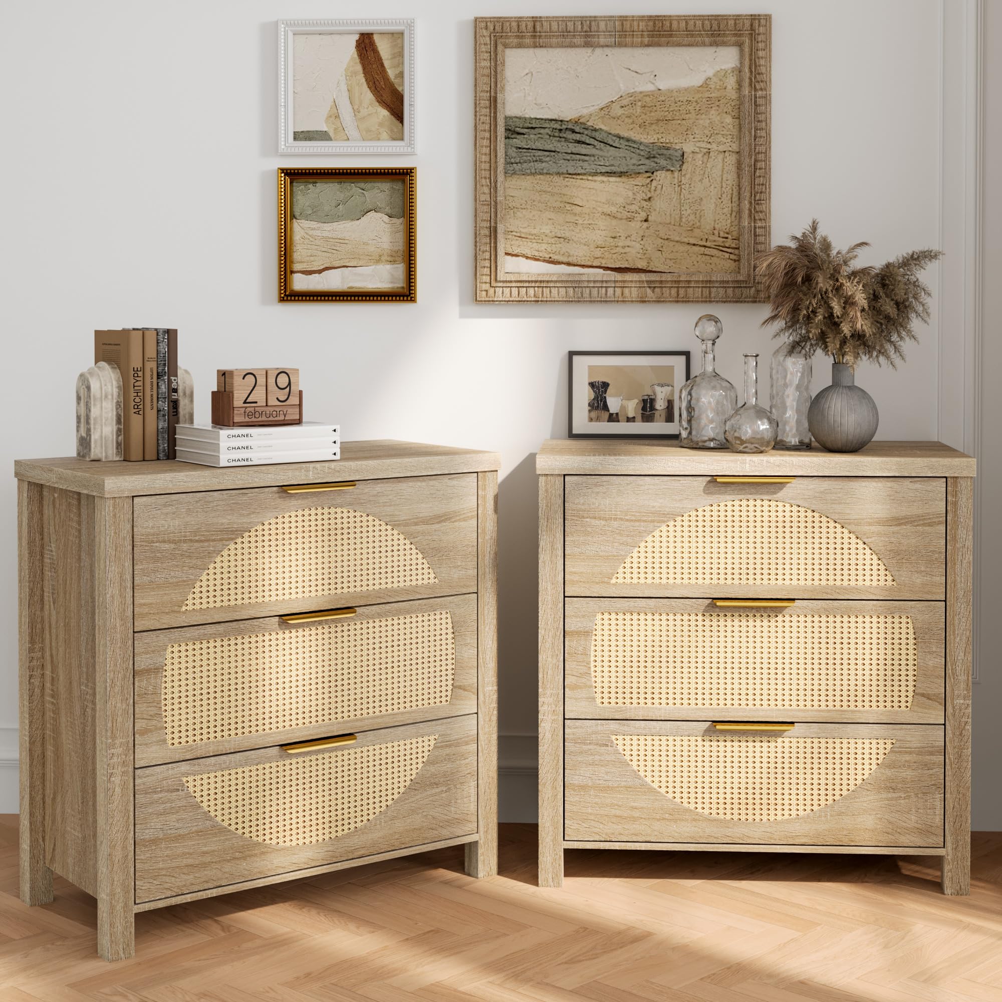 FUSUNBAO 3 Drawer Night Stand Set of 2, Nightstands with Drawer Storage Bedside Table Boho End Table with Thickened Wooden Frame & Gold Handles,Sofa