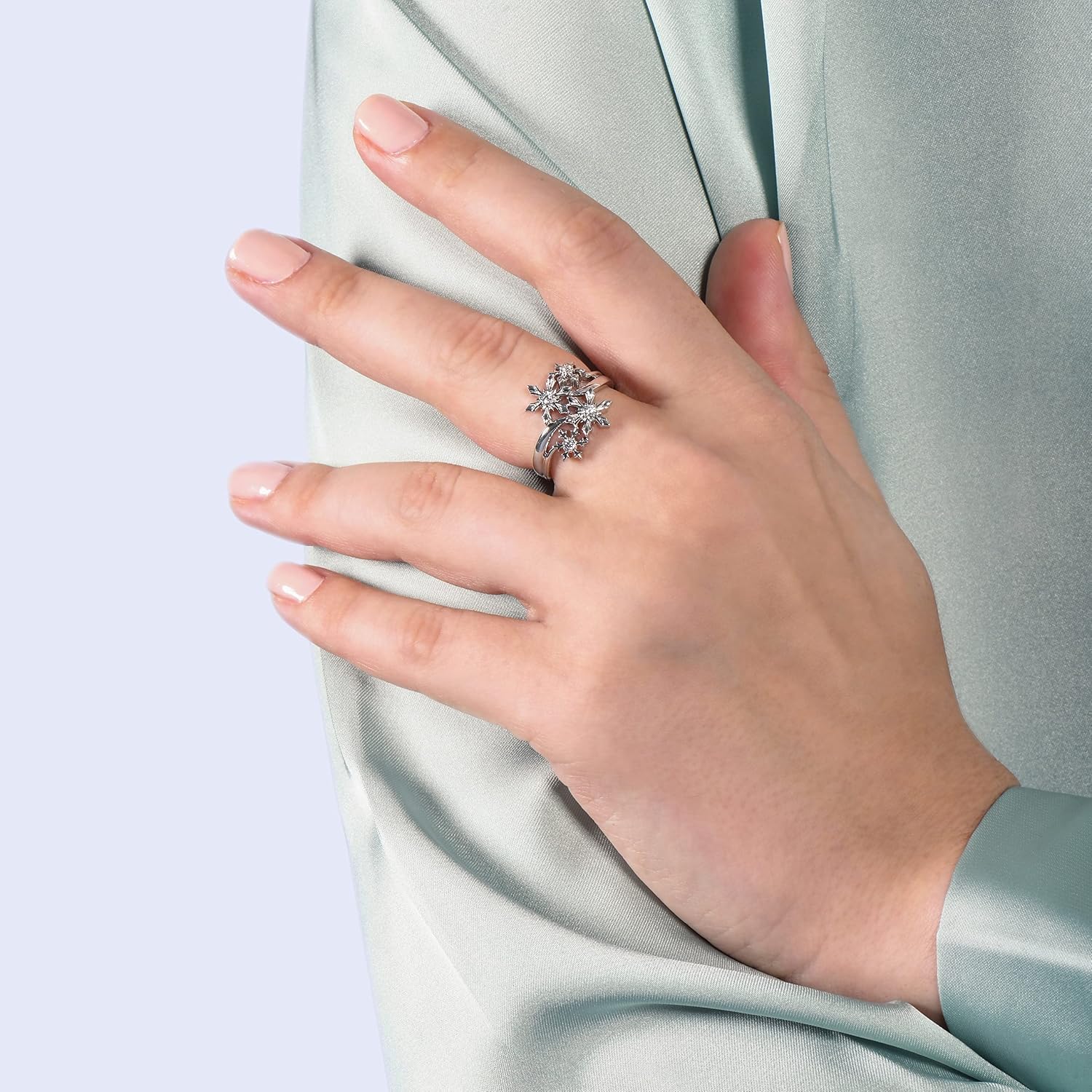 Jewelili Enchanted Disney Fine Jewelry Sterling Silver with 1/10 Cttw Diamonds Elsa Snowflake Ring