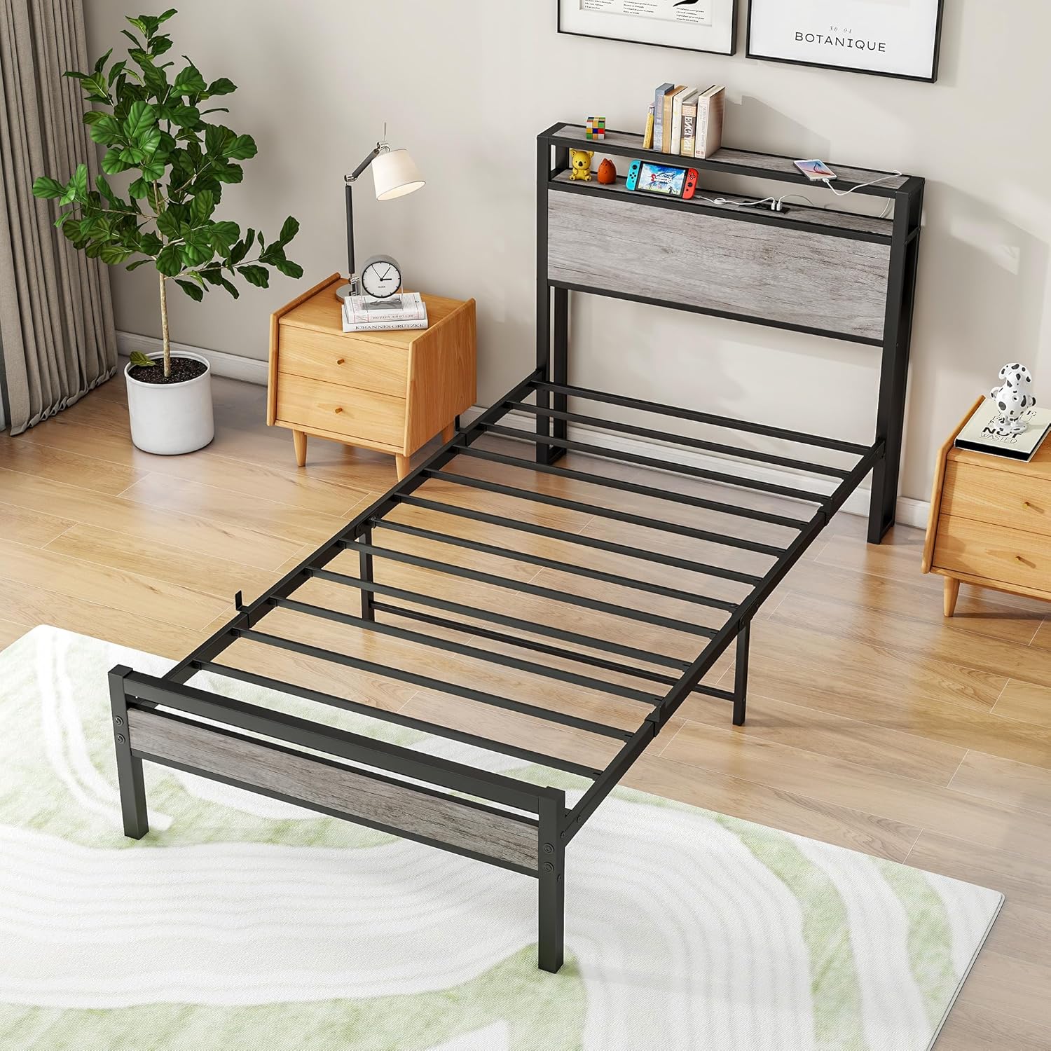 BOFENG Twin Bed Frame with Wood Storage Headboard/USB Charging Station,Heavy Duty Metal Single Platform Bed Frames No Box Spring Needed,Heavy Duty Metal Slats,Noise Free,Greige