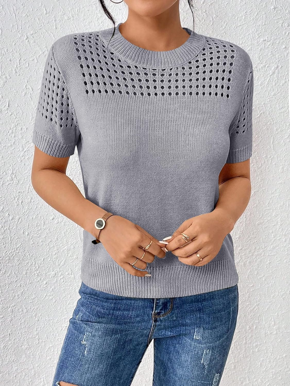 Short Sleeve Sweaters for Women 2026 Casual Crewneck Summer Shirts Lightweight Hollow Out Knit Sweater Tops - Image 3