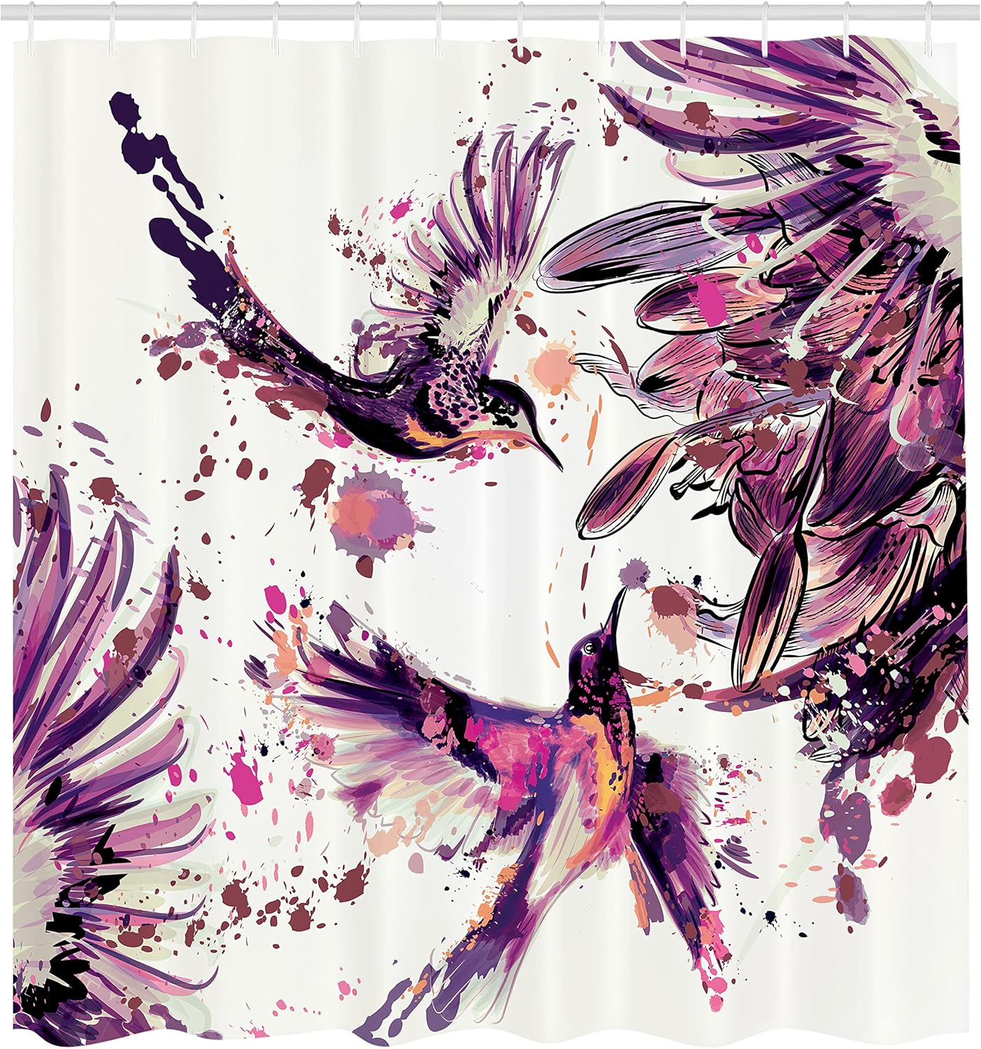 Ambesonne Hummingbird Shower Curtain, Art Lily Flowers Birds and Color Splashes in Watercolor Painting Style, Cloth Fabric Bathroom Decor Set with Hooks, 69" W x 70" L, Pale Fuchsia