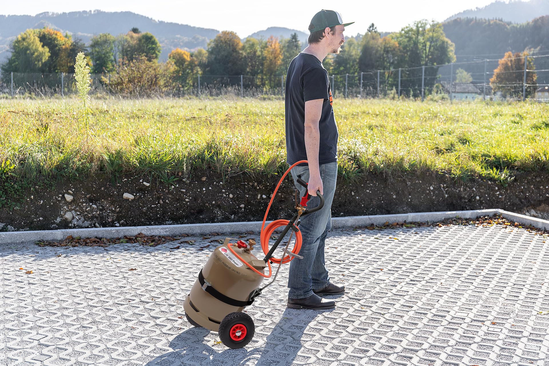 ROTHENBERGER Industrial 2teiliger Anwärmbrenner ECO Piezo inkl. 5 m Schlauch, 4bar Konstantregler & Piezo | **Flaschentransportwagen für 5kg und 11 kg-Gasflaschen** | Unkrautvernichter | Gasbrenner