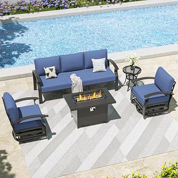 Aluminum Outdoor Patio Furniture Set with 5.1 Thick Cushions | 5 Pieces Patio Conversation Set with 55,000 BTU Fire Pit Table, 3-Seat Sofa, Swivel Rocking Chairs for Porch, Deck, NavyBlue