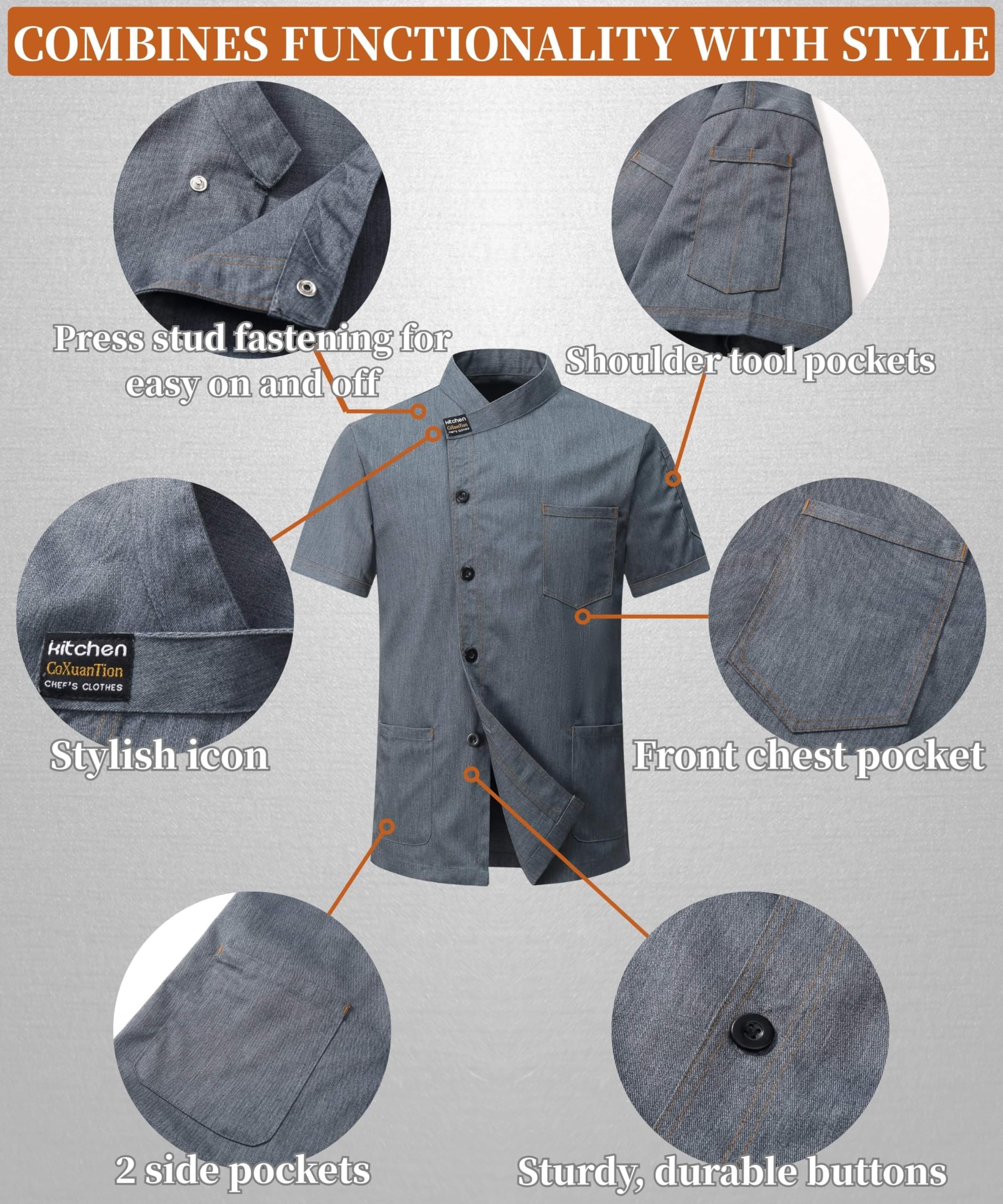 Veste de Cuisine Hommes Manches Courtes Cuisinier Chef Uniforme Professionnel Veste Unisexe Hôtel Cuisine Léger Respirante Chef Vêtement Restaurant Uniforme avec 3 Poches