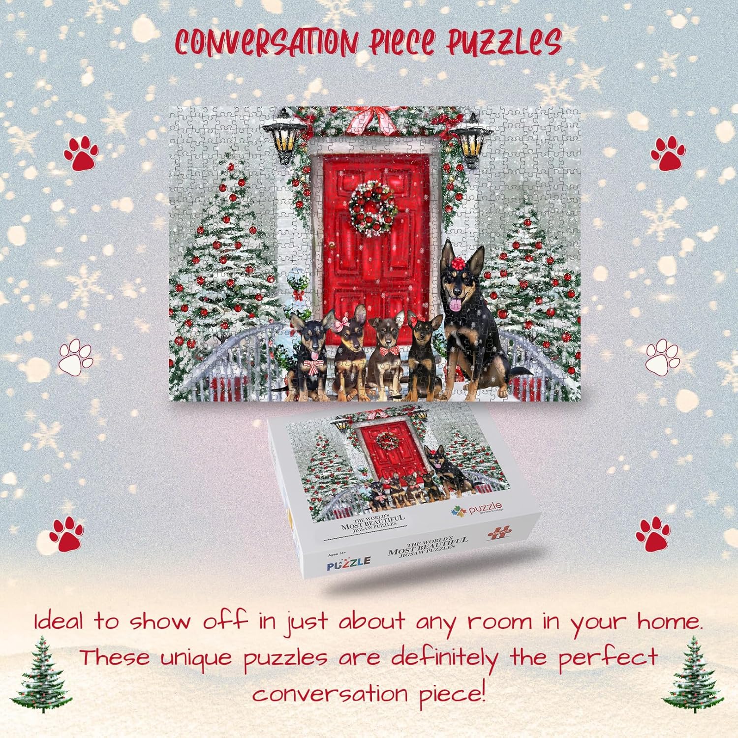 Christmas Holiday Welcome Australian Kelpies Dogs Jigsaw Puzzle for Adults - Animal Printed Interlocking Puzzle Game Artwork - Gift for Dog Lover's - 1000 Pcs 20"x30"