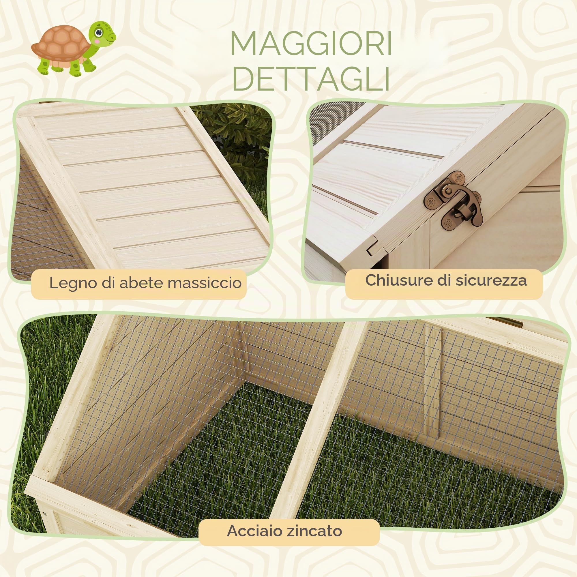 PawHut Casa in Legno per Tartarughe, recinto esterno per piccoli animali con coperchio apribile, fermi e 2 spazi separati, senza fondo, 120 x 55 x 50 cm, legno naturale