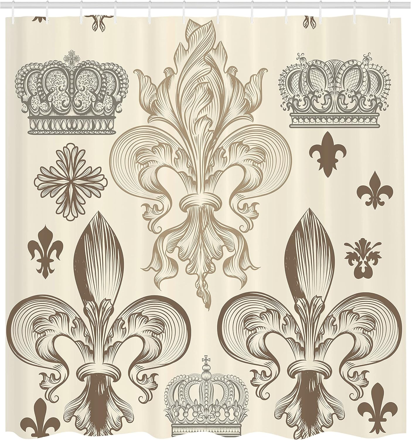 Ambesonne Fleur De Lis Shower Curtain, Heraldic Pattern Royal Flower and Crowns Tiara Coat of Arms Knight, Cloth Fabric Bathroom Decor Set with Hooks, 69" W x 84" L, Cocoa Champagne