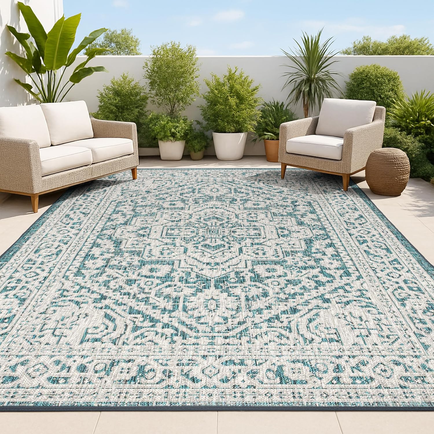 JONATHAN Y Medallion Weave Indoor Outdoor Area Rug 10X14 Teal Blue/Gray, Sinjuri Textured for Backyard, Patio, Porch, Easy-Cleaning, High Traffic, Pet-Friendly, Non-Shedding (SMB101C-14) Teal Blue/Gray 10' x 14' (Rectangular)