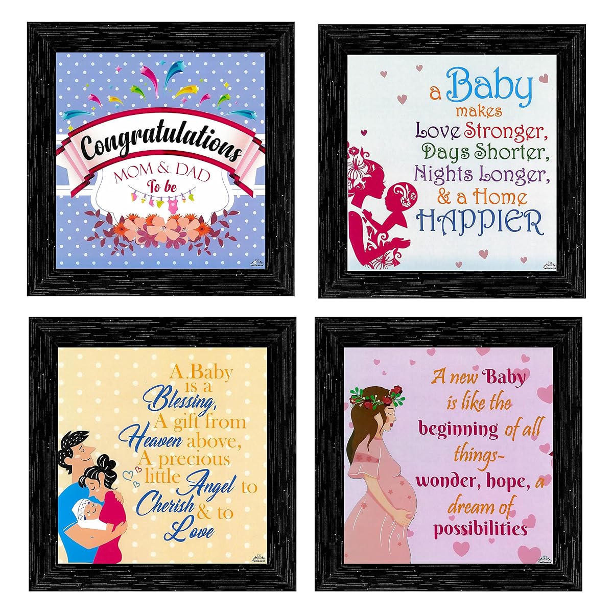 Indianara 4 Piece Set of Framed Wall Hanging Baby Shower Decor Art Prints