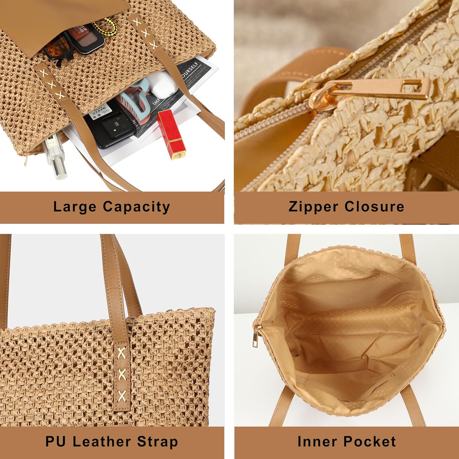 LA CARRIE Straw Beach Tote Bags for Women Summer Woven Shoulder Handbags Purse for Vacation Travel