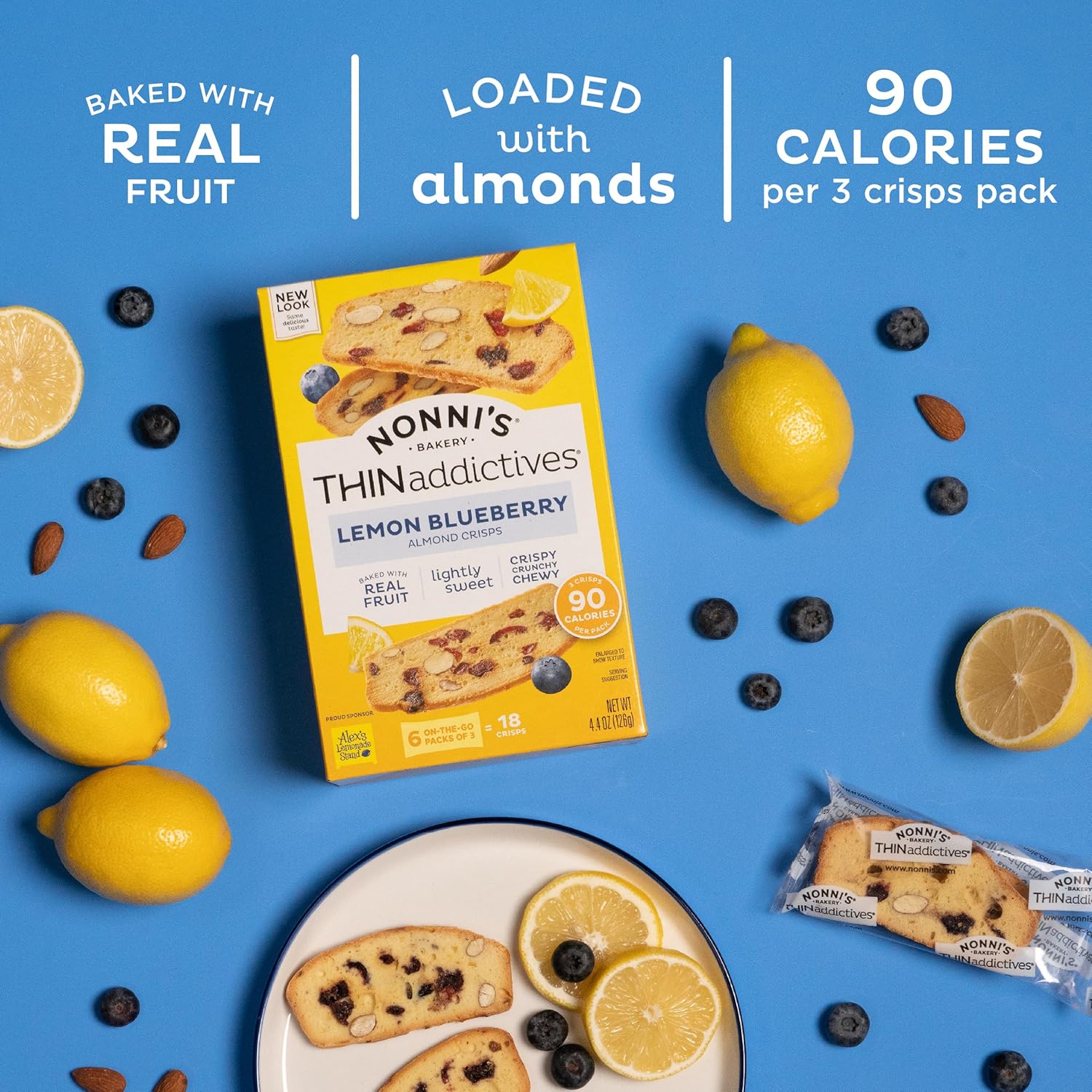 Nonni's THINaddictives Almond Thin Cookies - 6 Boxes Lemon Blueberry Cookie Thins - Almond Cookies - Sweet Crunchy & Chewy - Biscotti Individually Wrapped Cookies - Kosher Coffee Cookies - 4.4 oz