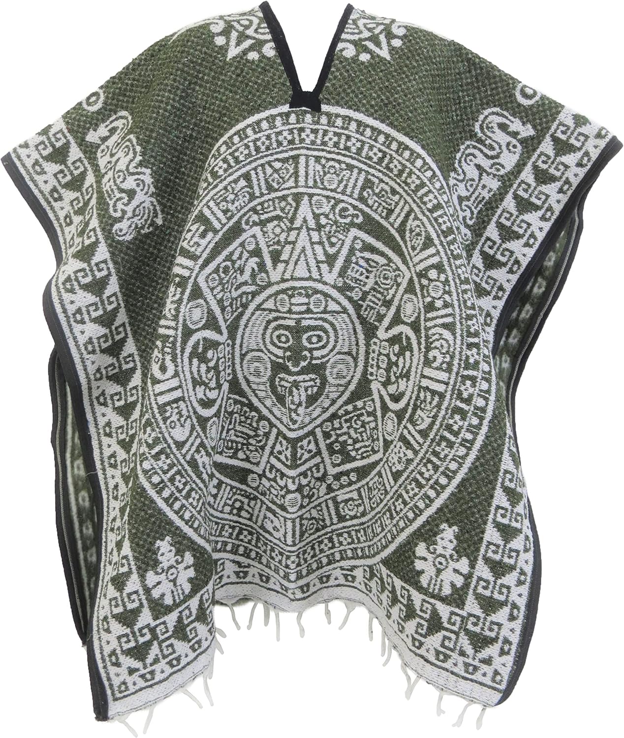 Authentic Mexican Poncho Reversible Cobija Blanket - Aztec Calendar (Olive Green)
