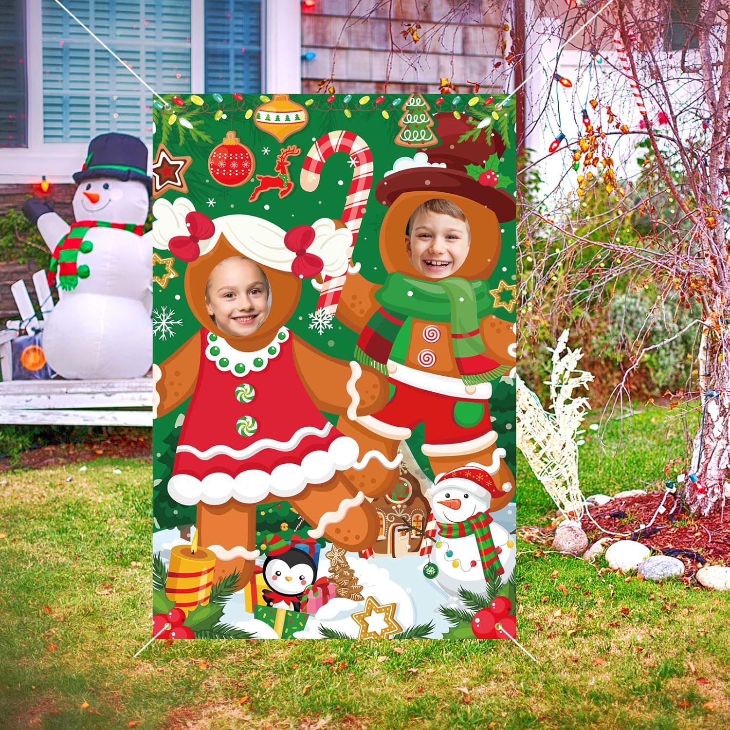 HOWAF Gingerbread Photo Backdrop Banner, Christmas Gingerbread Man Photo Prop Background Banner for Xmas Party Supplies,Funny Xmas Games for Holiday Party Supplies 59x39 Inch