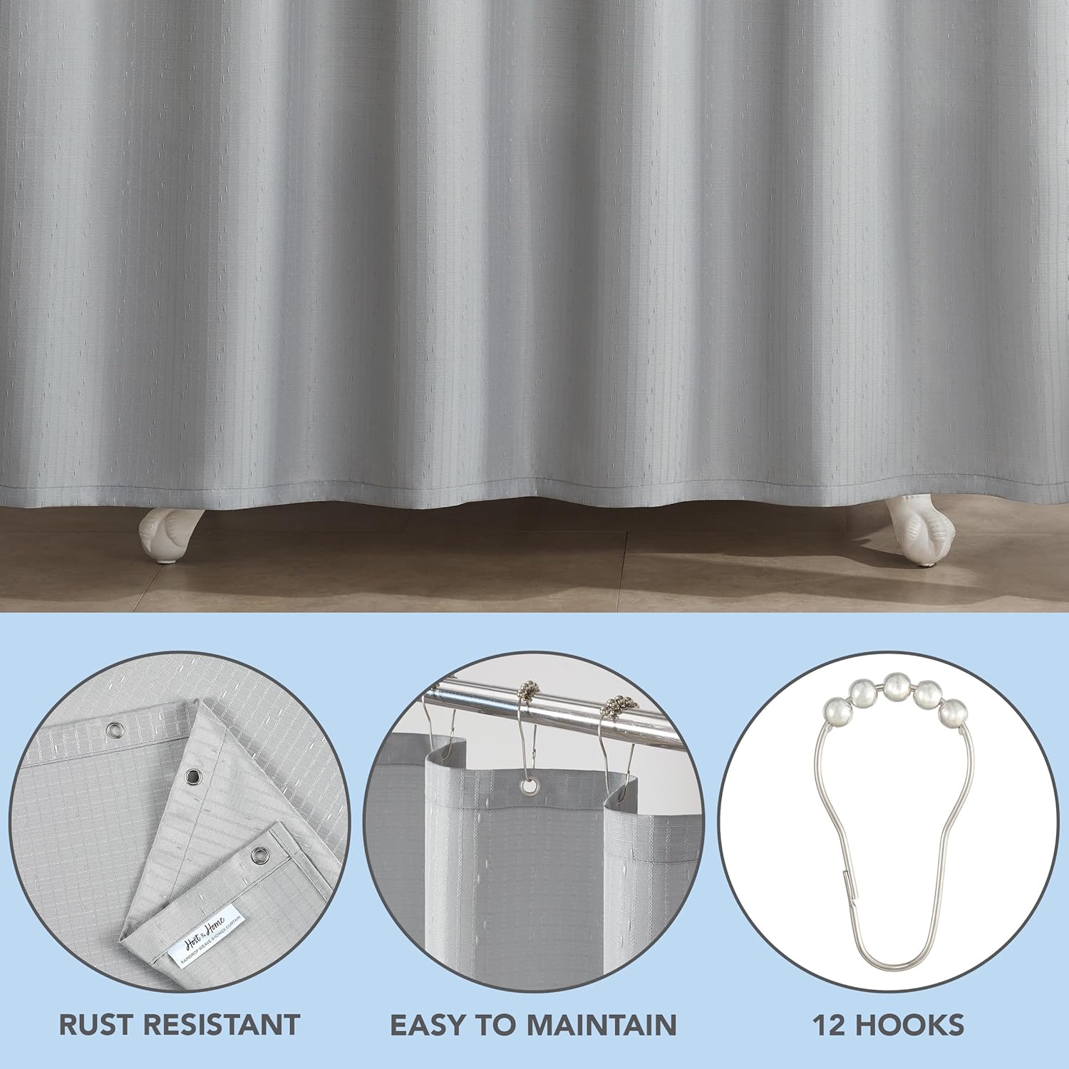 Arkwright Bathroom Shower Curtain Set - Stainless 12 Metal Hooks, Raindrop Jacquard Woven Washable Fabric with Weighted Hem & Rust-Proof Grommets, 210 GSM Heavy Duty, 72 x 72 in, Light Grey