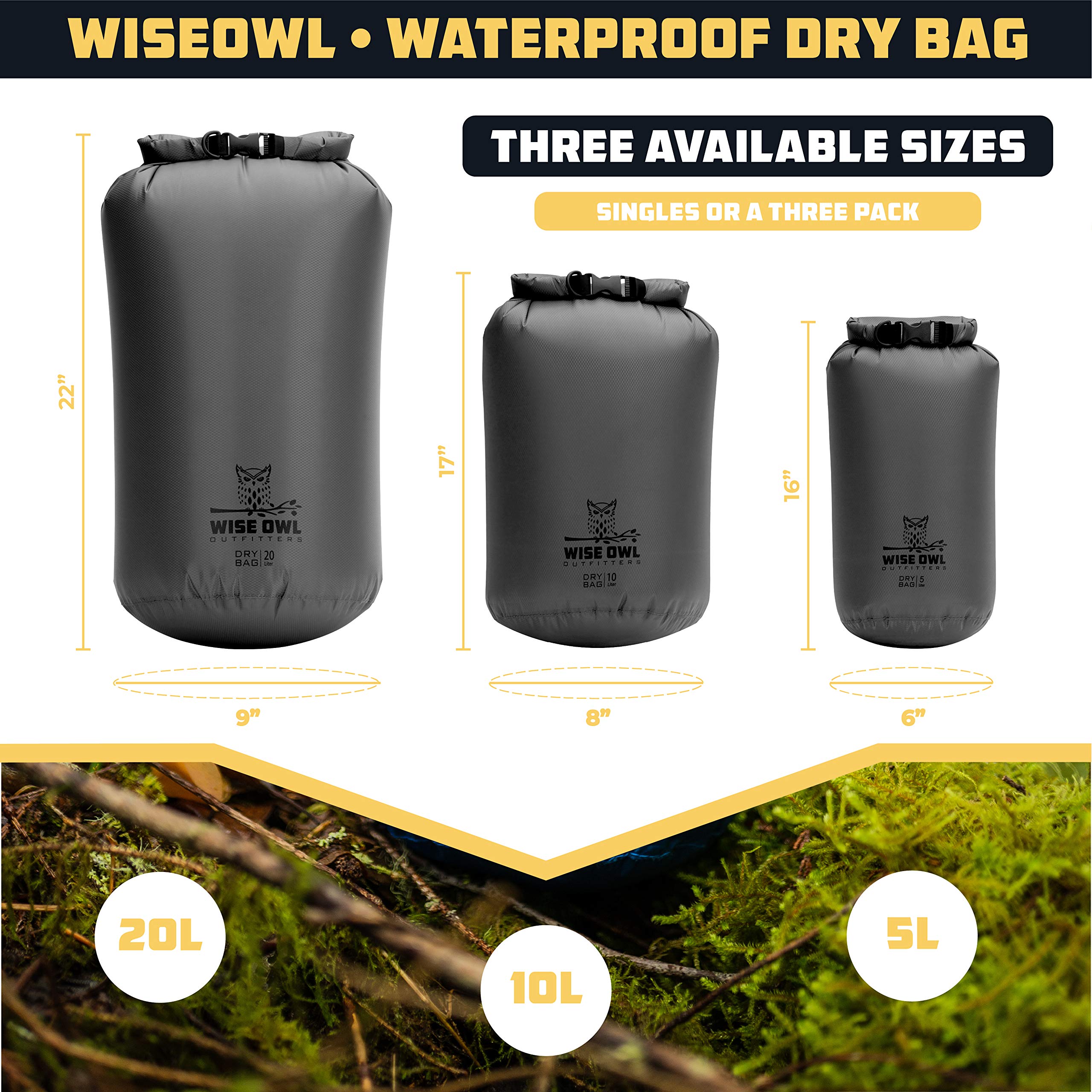Wise Owl Outfitters Paquete de 3 bolsas impermeables ligeras y herméticas de 5L/10L/20L, bolsas secas pequeñas y grandes para kayak, playa, viajes, canotaje, senderismo