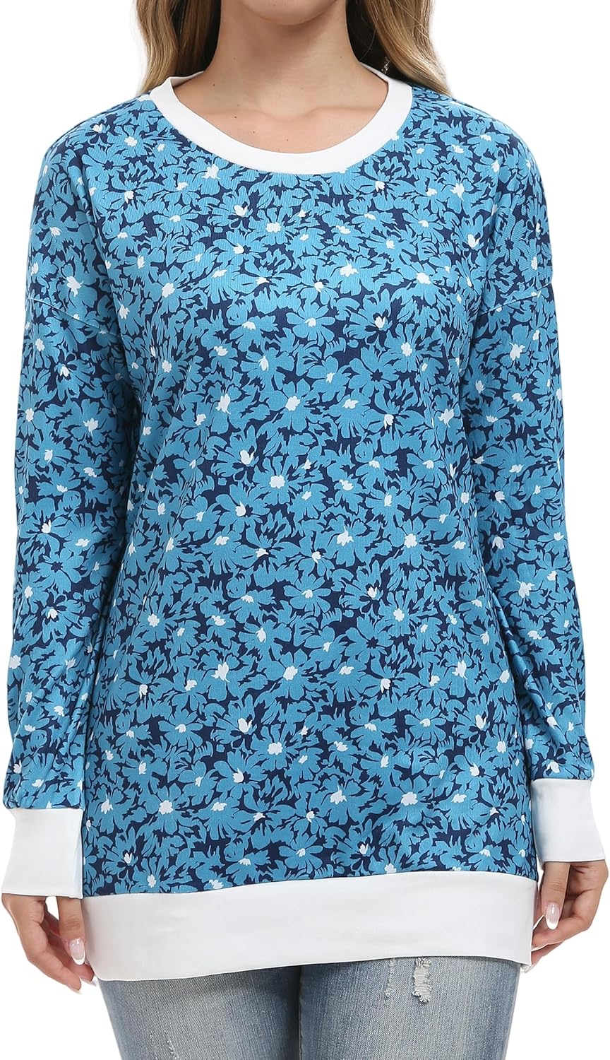 levaca Long Sleeve Shirts for Women 2024 Fall Tunic Tops Loose Side Split High Low Hem Pullover Floral Blue L