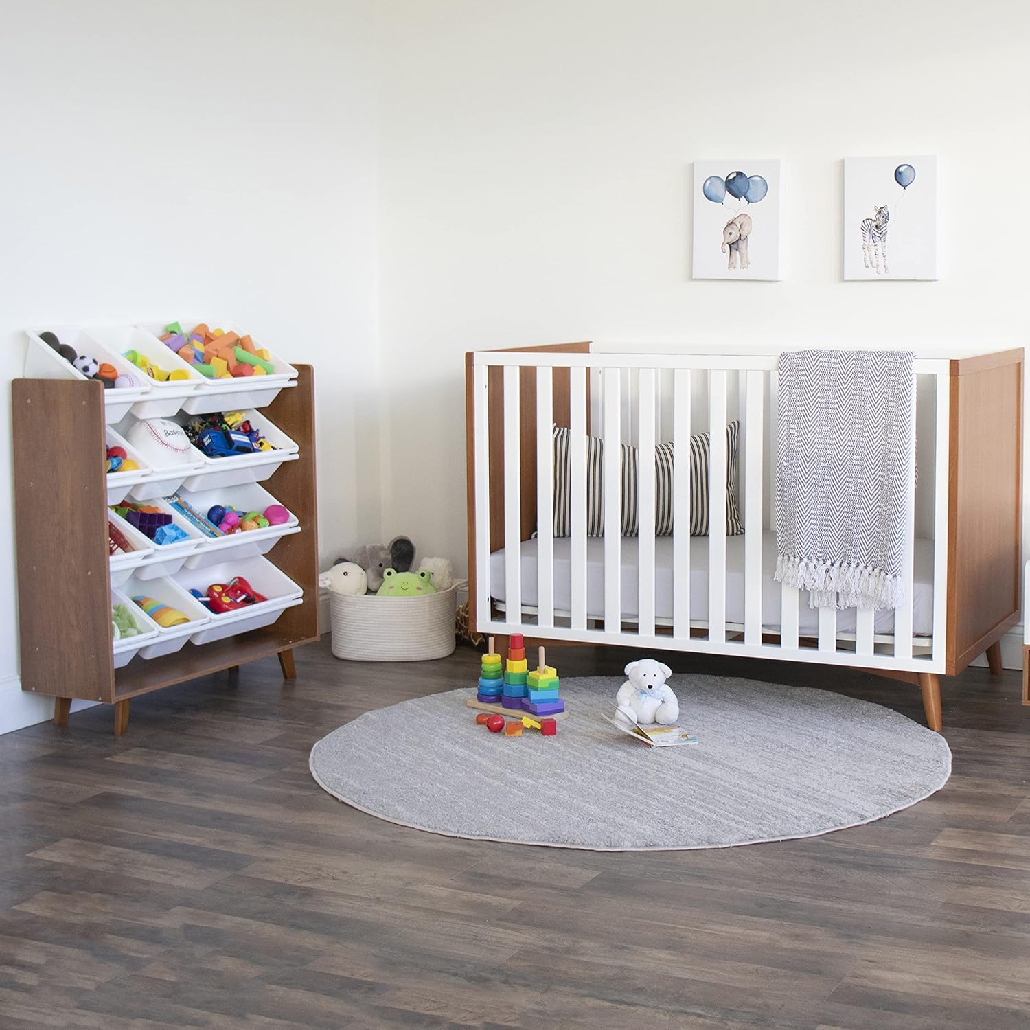 Humble Crew 12-Bin Toy Organizer – Mid-Century Modern Storage Rack with Wood Frame & White Bins, 4-Tier Kids’ Organizer with Angled Legs for Playrooms, Bedrooms & Nurseries