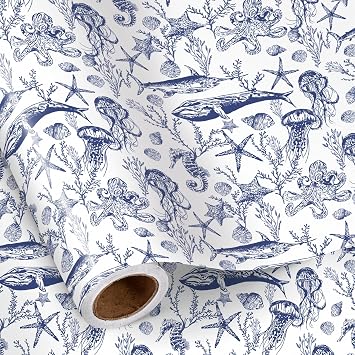 RUSPEPA Ocean Wrapping Paper Roll, Mini Roll, Blue Seahorse Starfish Coral Toile Pattern, Coastal Nautical Gift Wrap Paper for Beach Party, Birthday, Summer Celebration, 17 Inches x 16.4 Feet