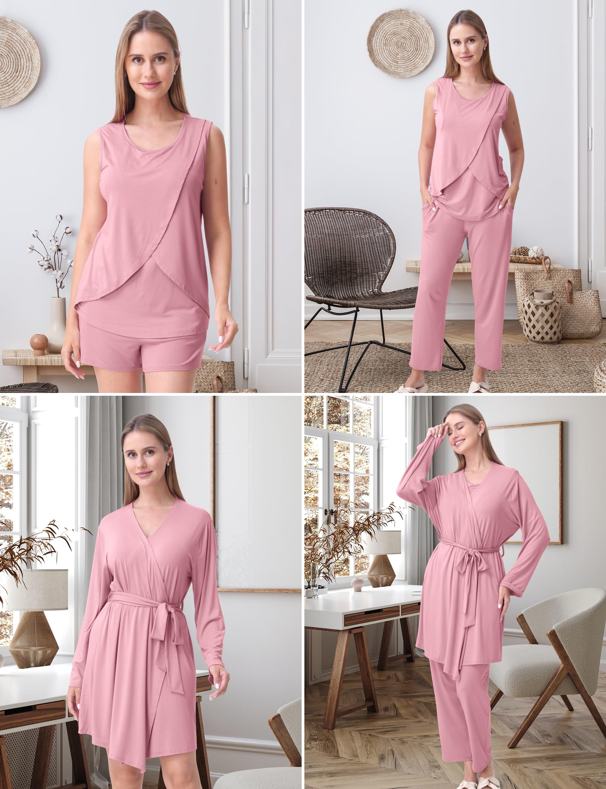 SUNNYBUY Set di 4 pigiami premaman per allattamento con kimono, invisibile, per casa e tempo libero, gravidanza e allattamento