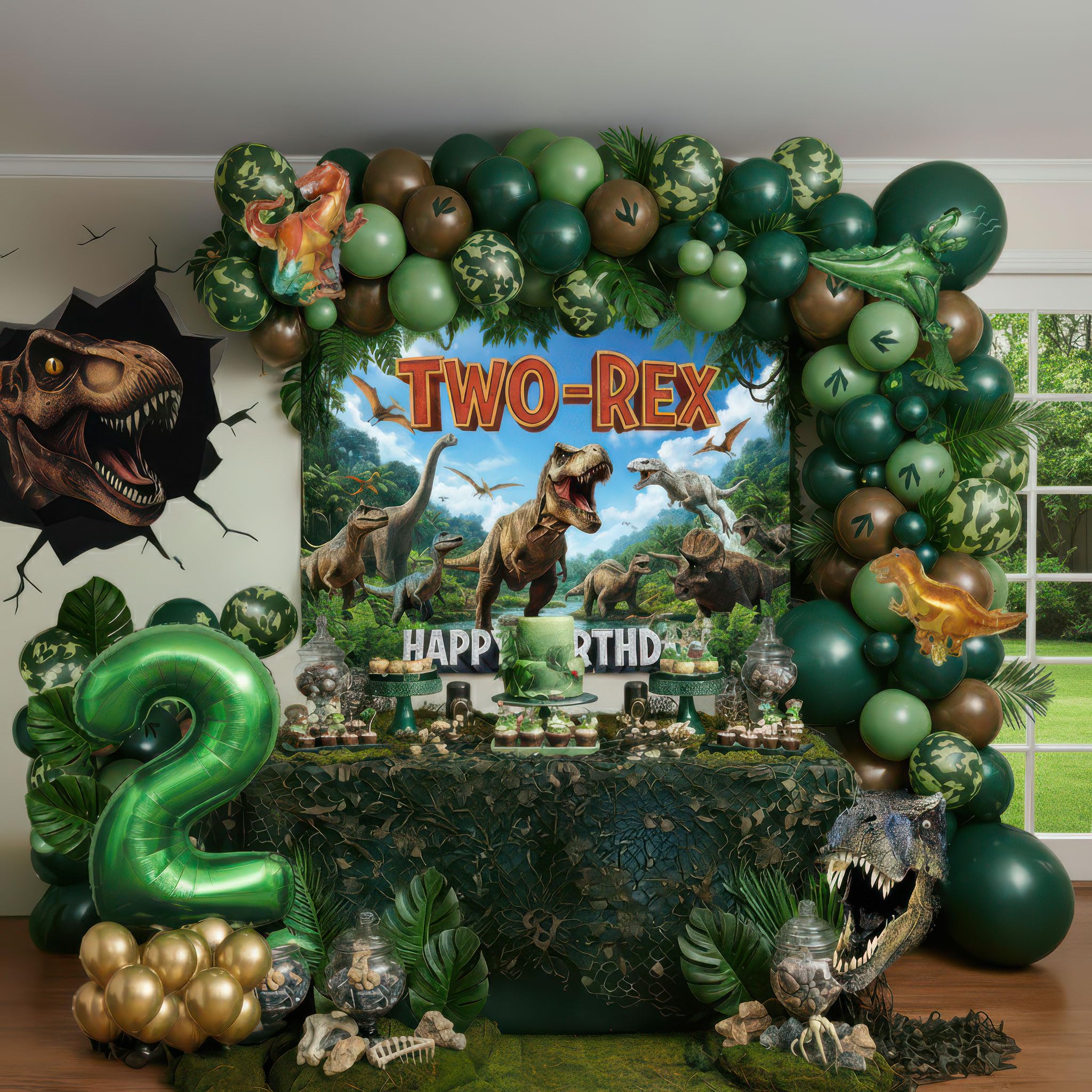 Dinosaur Two-Rex 2nd Birthday Party Decorations Jungle Safari Theme | Hunter Green Brown Gold Balloon Arch, T-Rex Banner Backdrop & Footprint Stickers, Dino Party Supplies