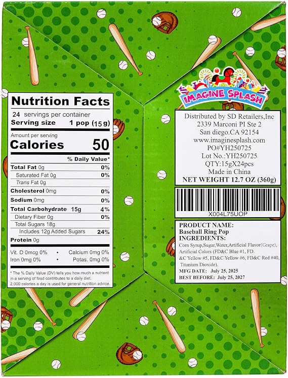 Baseball Ring Pops - Pack of 24 – Grape Flavored, Wearable Candy for Kids – Individually Wrapped Party Favors & Game Day Treats
