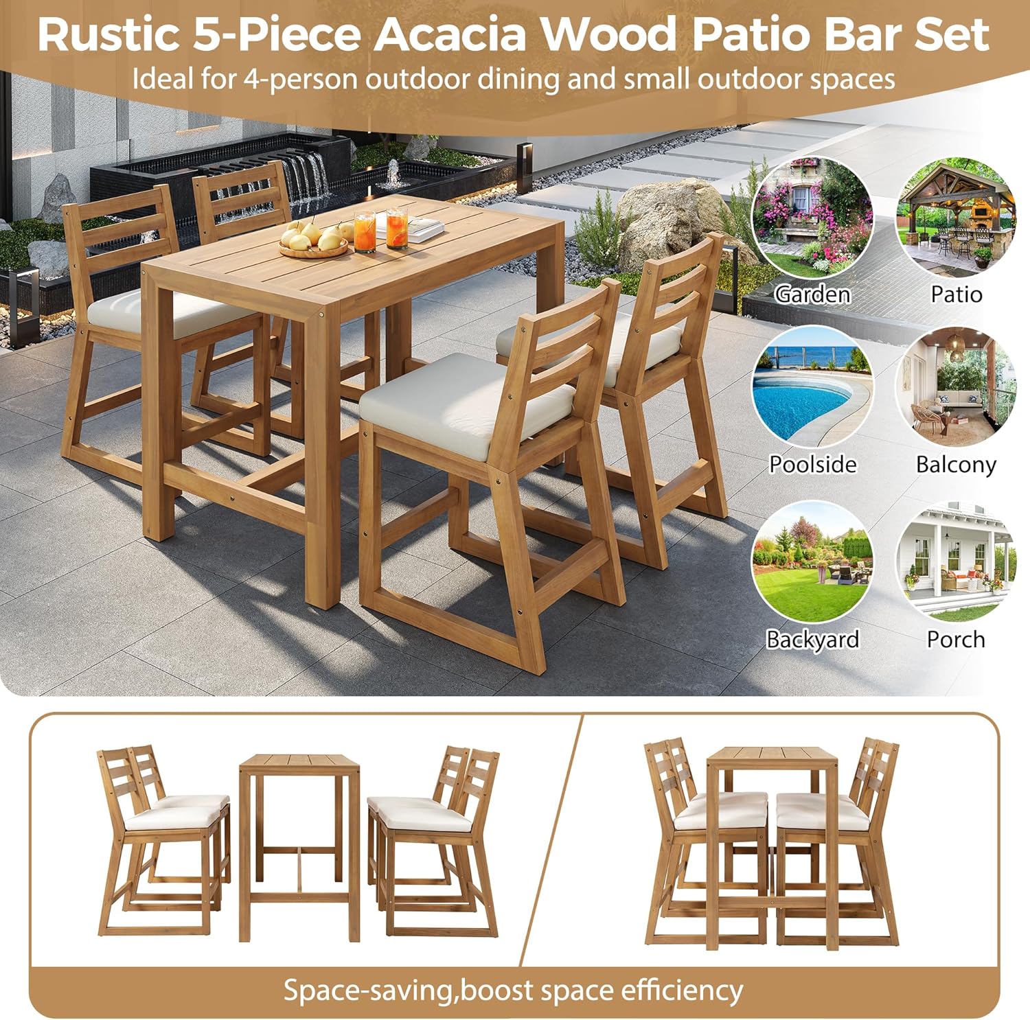 5 Piece Rustic Acacia Wood Patio Bar Set, All Weather Outdoor High Dining Table and Chairs with Ergonomic Bar Stools, Solid Wood Slatted Bistro Set for Balcony Poolside, Light Teak
