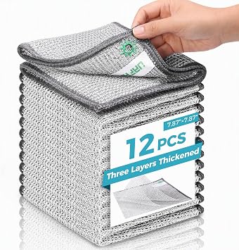 12pcs Upgrade 3-Layer Non-Scratch Steel Wool Dish Rags for Washing Dishes | Wet & Dry Clening, Effortlessly Strips Stuck-on Grime, Great for Cookware, Sinks, Dishes and Stove tops 7.87 x 7.87