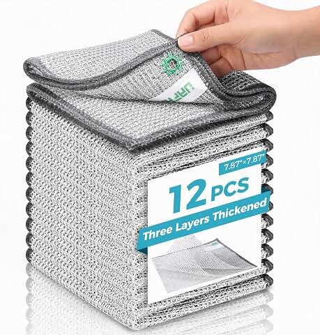 12pcs Upgrade 3-Layer Non-Scratch Steel Wool Dish Rags for Washing Dishes | Wet & Dry Clening, Effortlessly Strips Stuck-on Grime, Great for Cookware, Sinks, Dishes and Stove tops 7.87 x 7.87