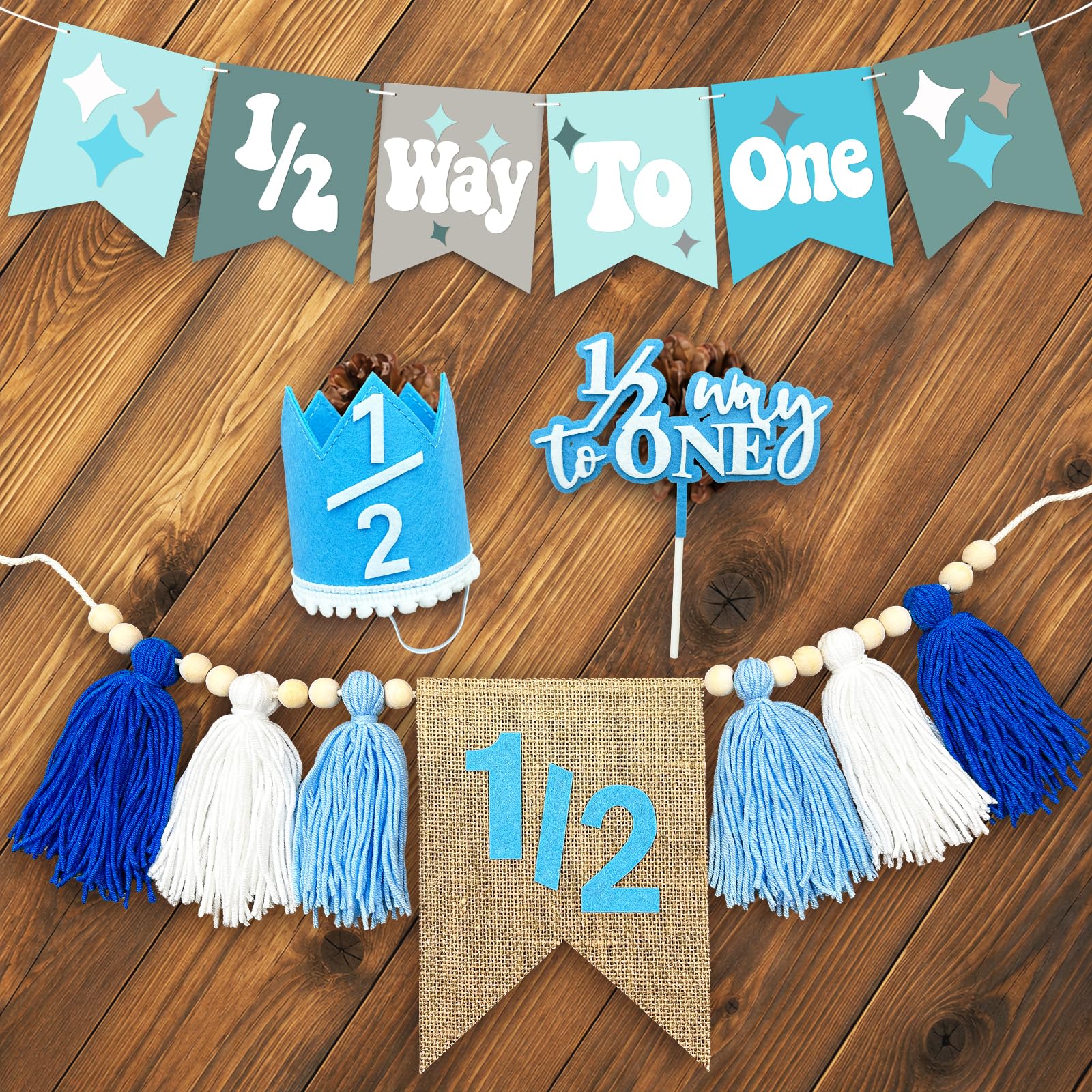 Photo 1 of 1/2 Birthday Boy Half Birthday Decorations – 4PCS Blue 6 Month Party Set with 1/2 Way to One Banner, Halfway High Chair Banner, Cake Topper and Hat for 6 Month Baby Boy Photo Shoot Decor